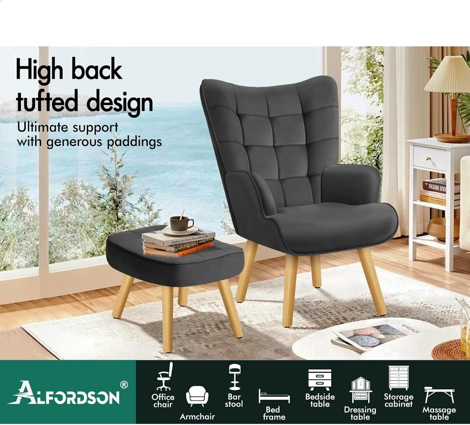ALFORDSON Velvet Armchair Nursing Chair with Ottoman Footstool Bozena Series, Leisure Occasional Lounge Sofa Wooden Legs, Accent Chair for Reading Dressing Bedroom Living Room, 180Kg Max, Dark Grey image number 3