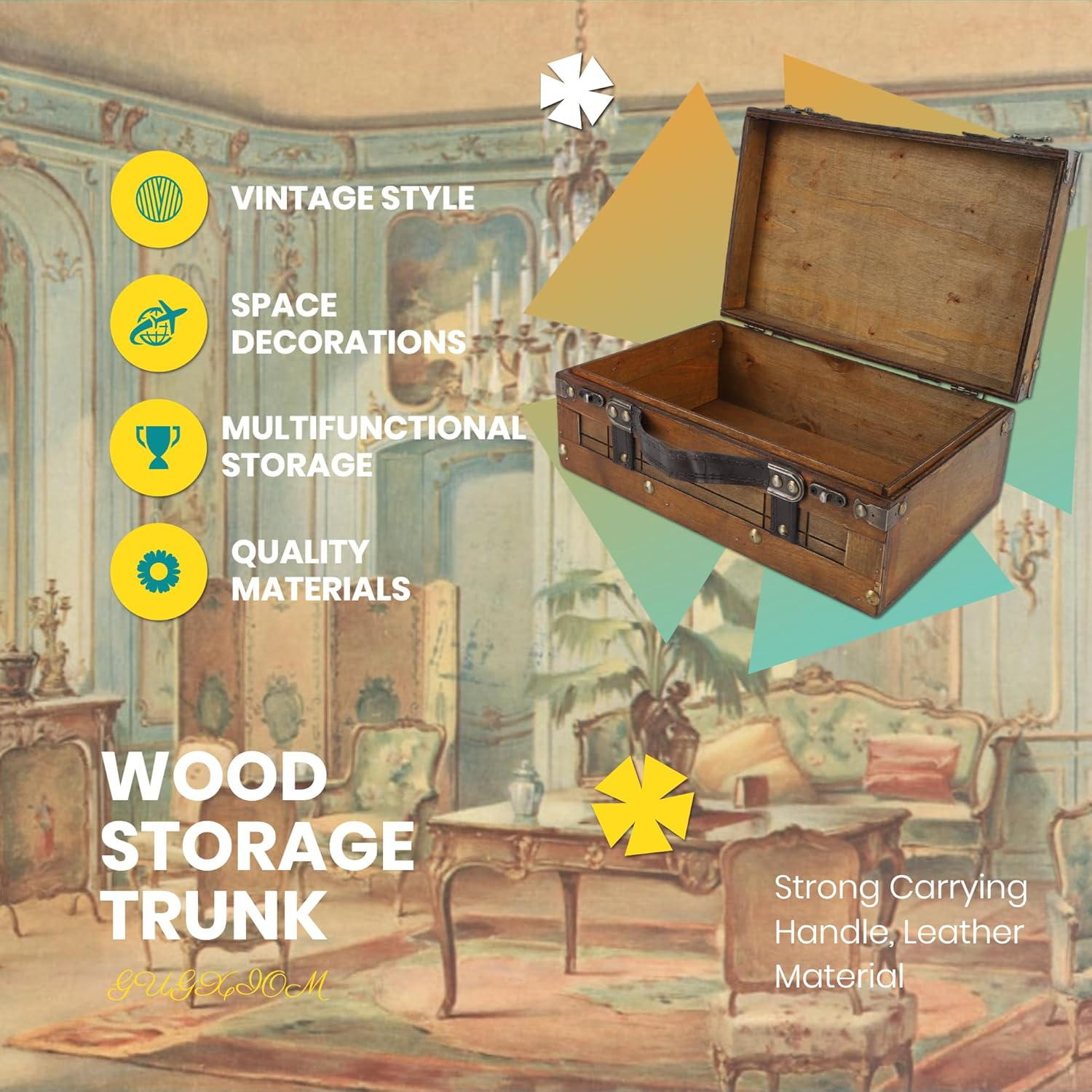 Wooden Chest Portable Vintage Distressed Multifunctional Wood Storage Trunk Handbag for Clothes Toys Photo Prop image number 5
