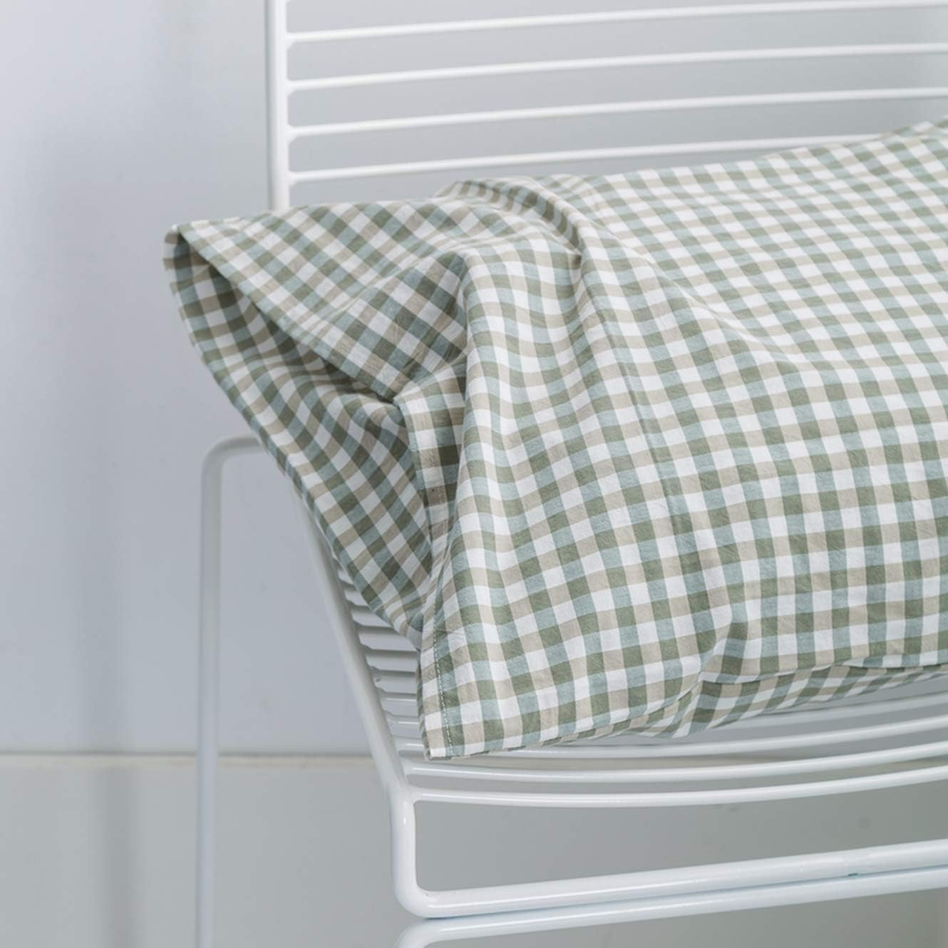 (Queen, Style 5) - SUSYBAO 100% Natural Washed Cotton 3 Pieces Duvet Cover Set (Queen/Full) 1 Duvet Cover 2 Pillowcases Luxury Quality Soft Breathable Hypoallergenic Green Gingham Plaid Pattern with Zipper Ties image number 4