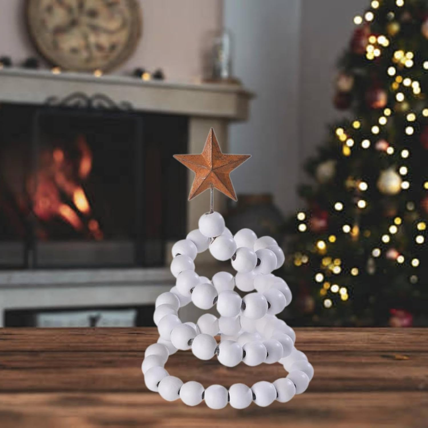 Mini Desk Christmas Tree, Wooden Bead Decorative Xmas Tree with Star Topper for Mantel,Birthday,Bedroom,Wedding,Holiday,Party, White