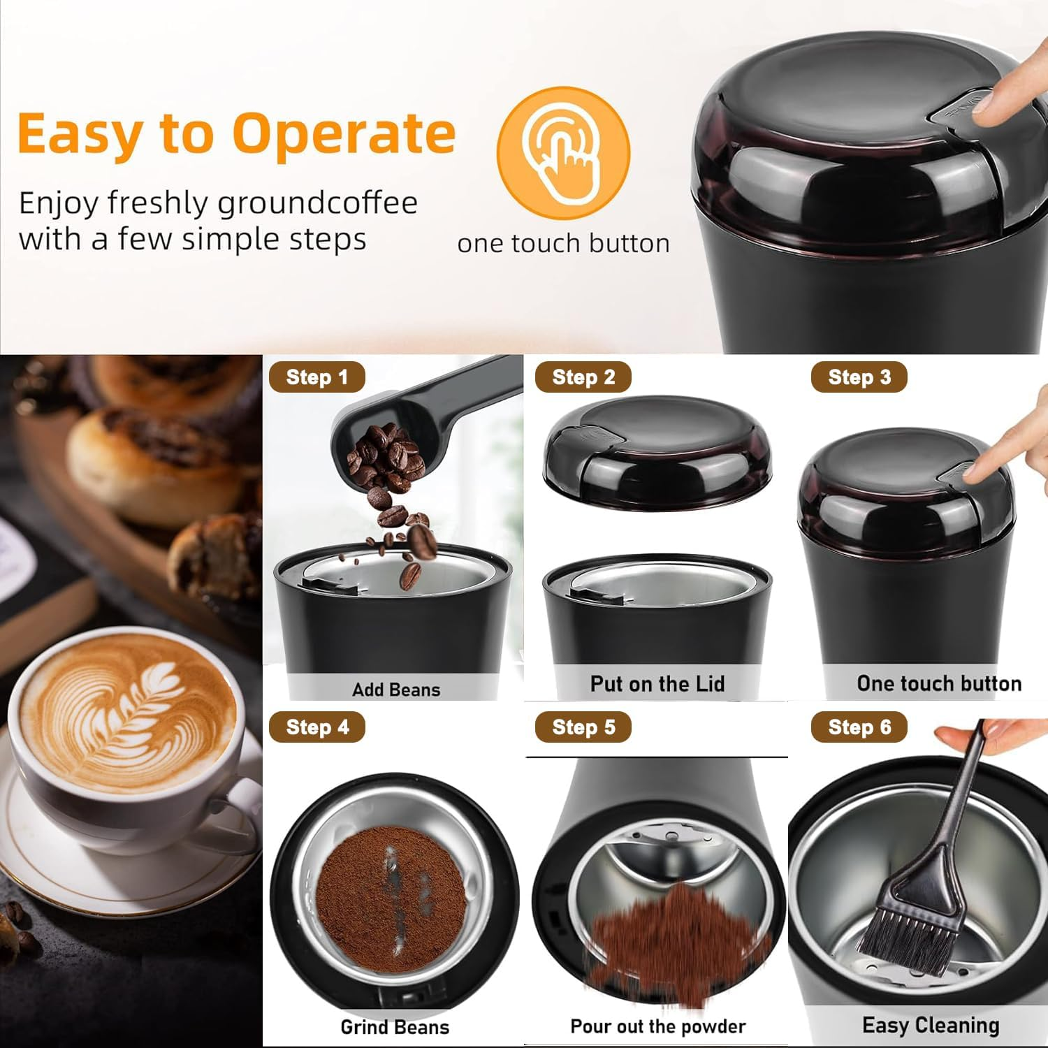 Electric Coffee Grinder, Espresso Bean Spices Grinder, One Touch Portable - 150W, for Coffee, Spices, Herbs, Nuts, Grains image number 1