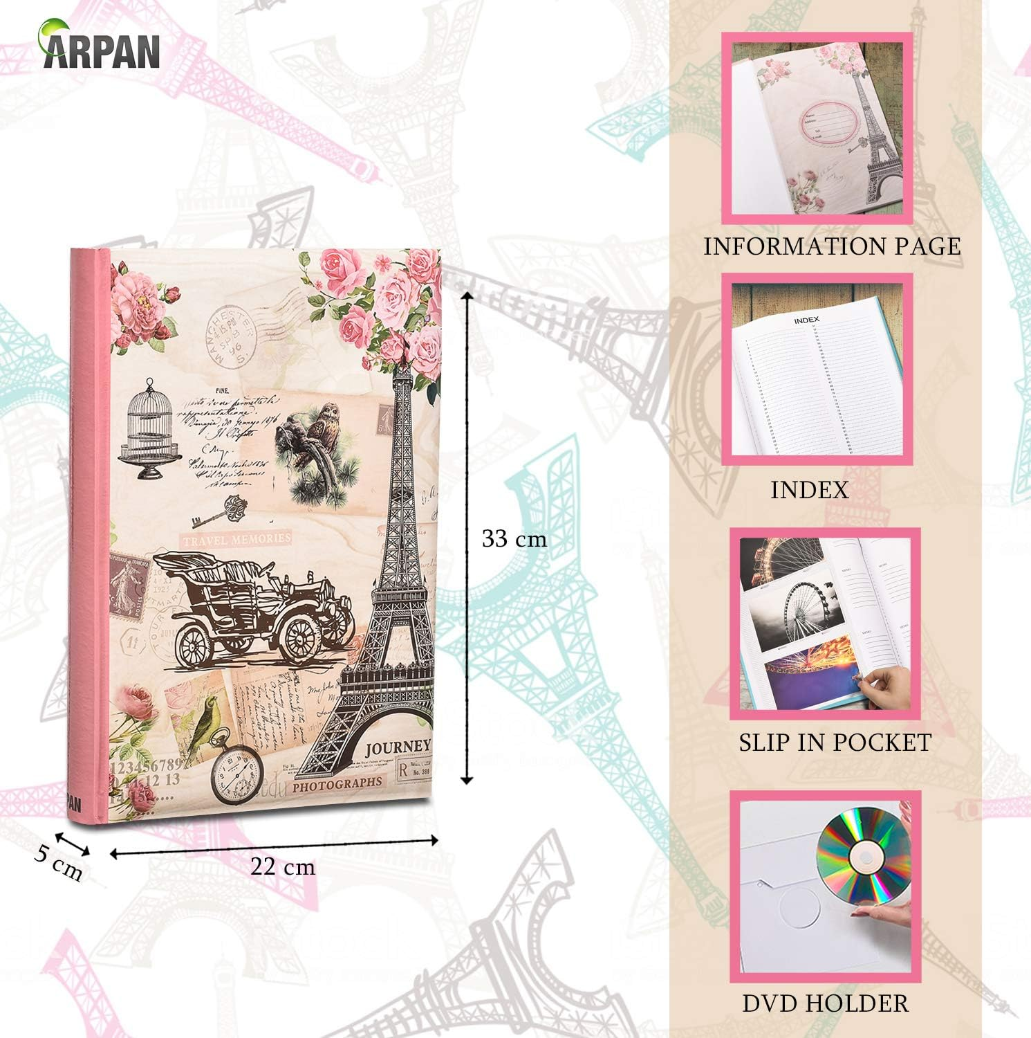 ARPAN Large Memories Memo Slip in Case 300 Photos 4''X6'' Travel Album, Pink image number 2
