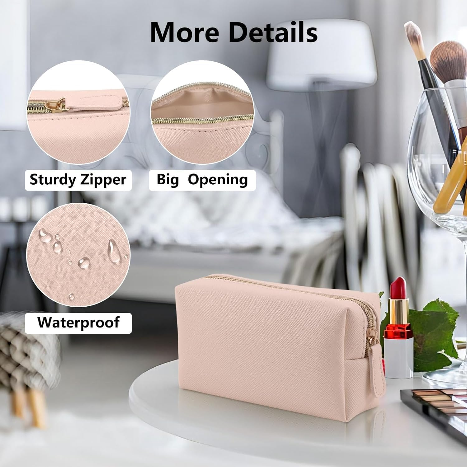 Leather Makeup Bag for Purse Travel, Portable Small Cosmetic Organizer for Women and Girls, Make up Bag with Zipper， Spacious Multi-Compartment Storage Pouch for Cosmetics, Skincare, Brushes（Pink）