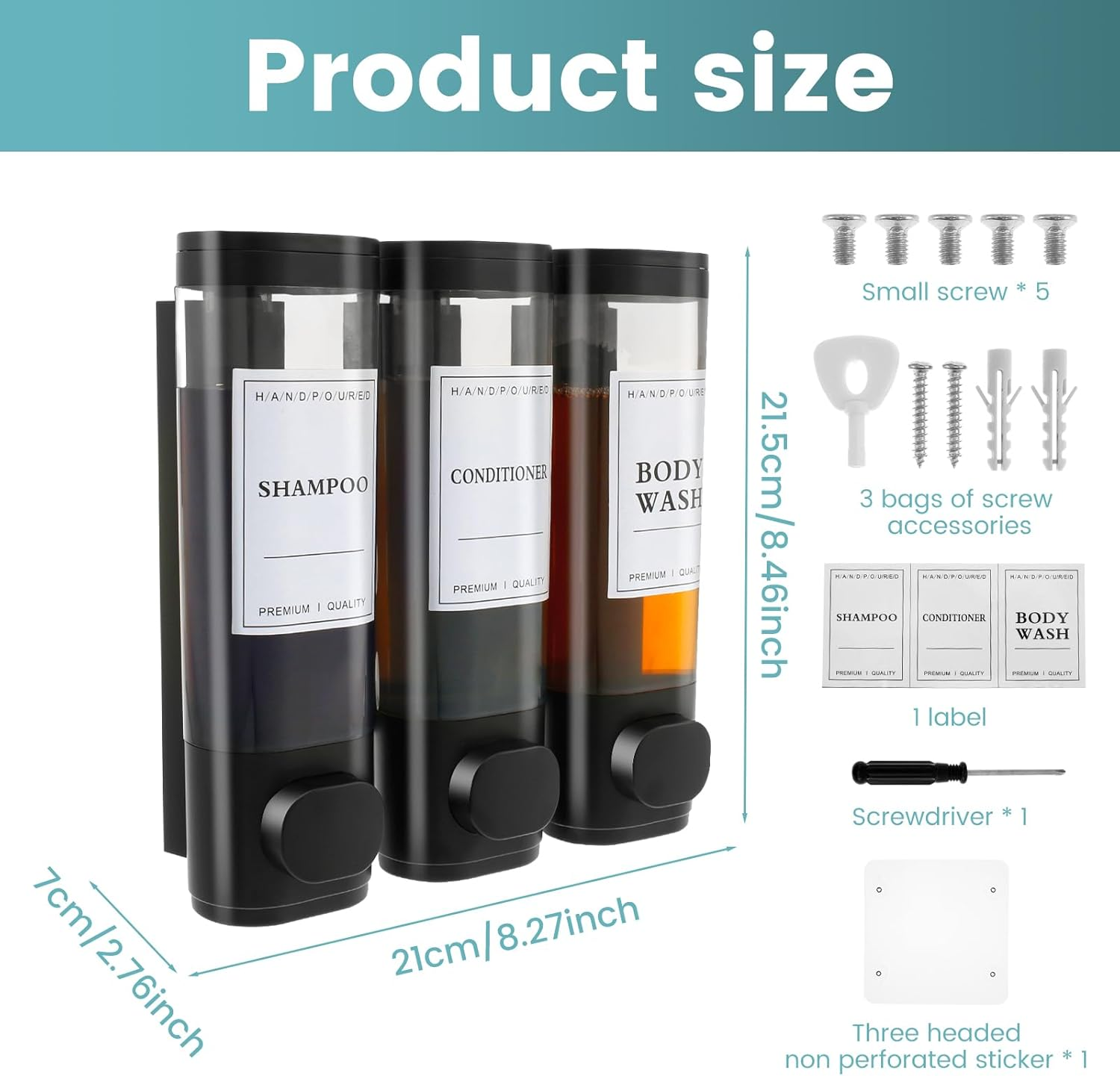 No Drill Shower Soap and Shampoo Dispenser - 3 Chamber Wall Mounted for Bathroom (Black) image number 4