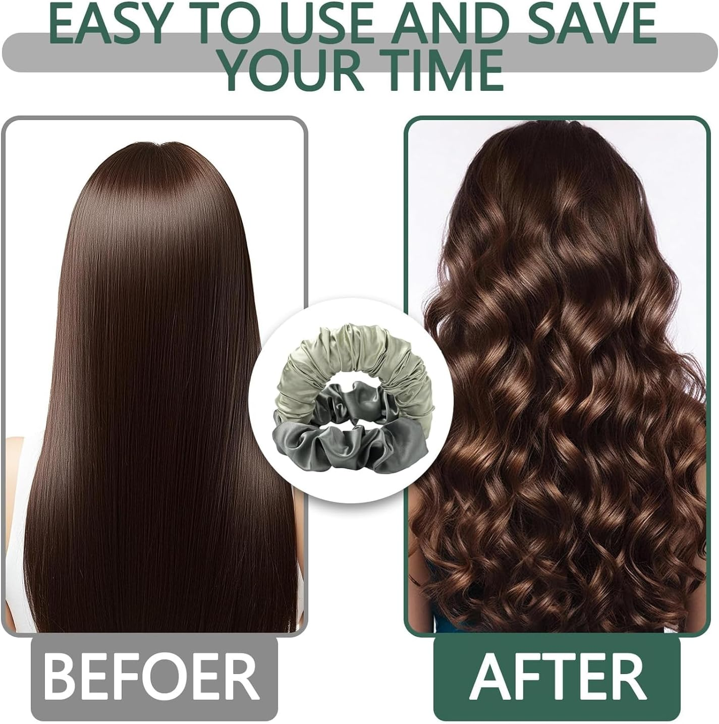 Satin Heatless Curling Scrunchie, 1Pc No Heat Scrunchie Hair Curler Ponytail Hairband,Lazy Scrunchie Hair Curler Hairband, Green image number 1