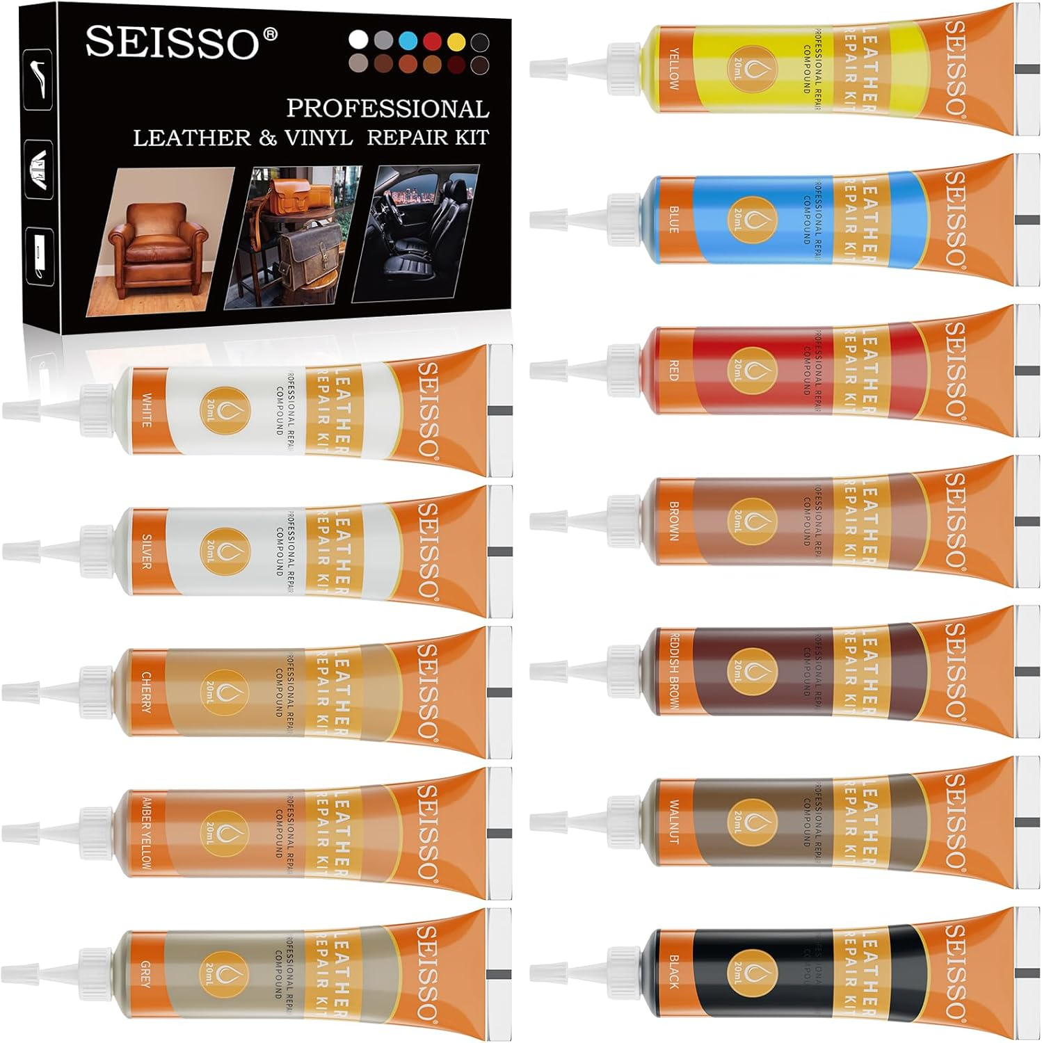 SEISSO Leather Repair Kits for Couches, Restoring Touch up Leather and Vinyl Furniture Car Seat Jacket, Leather Repair Color Gel Covers Scratches, Scrapes, Scuffs, Scuffed & Faded Leather, 12 Color image number 5