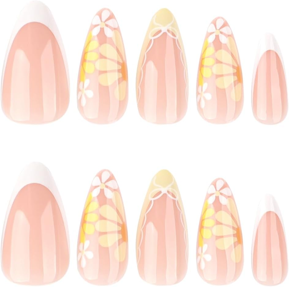 Flowers Press on Nails 24 PCS Medium Almond Fake Nails Glossy French False Nails Summer Nail Tips Full Cover Stick on Nails for Women and Girls image number 4
