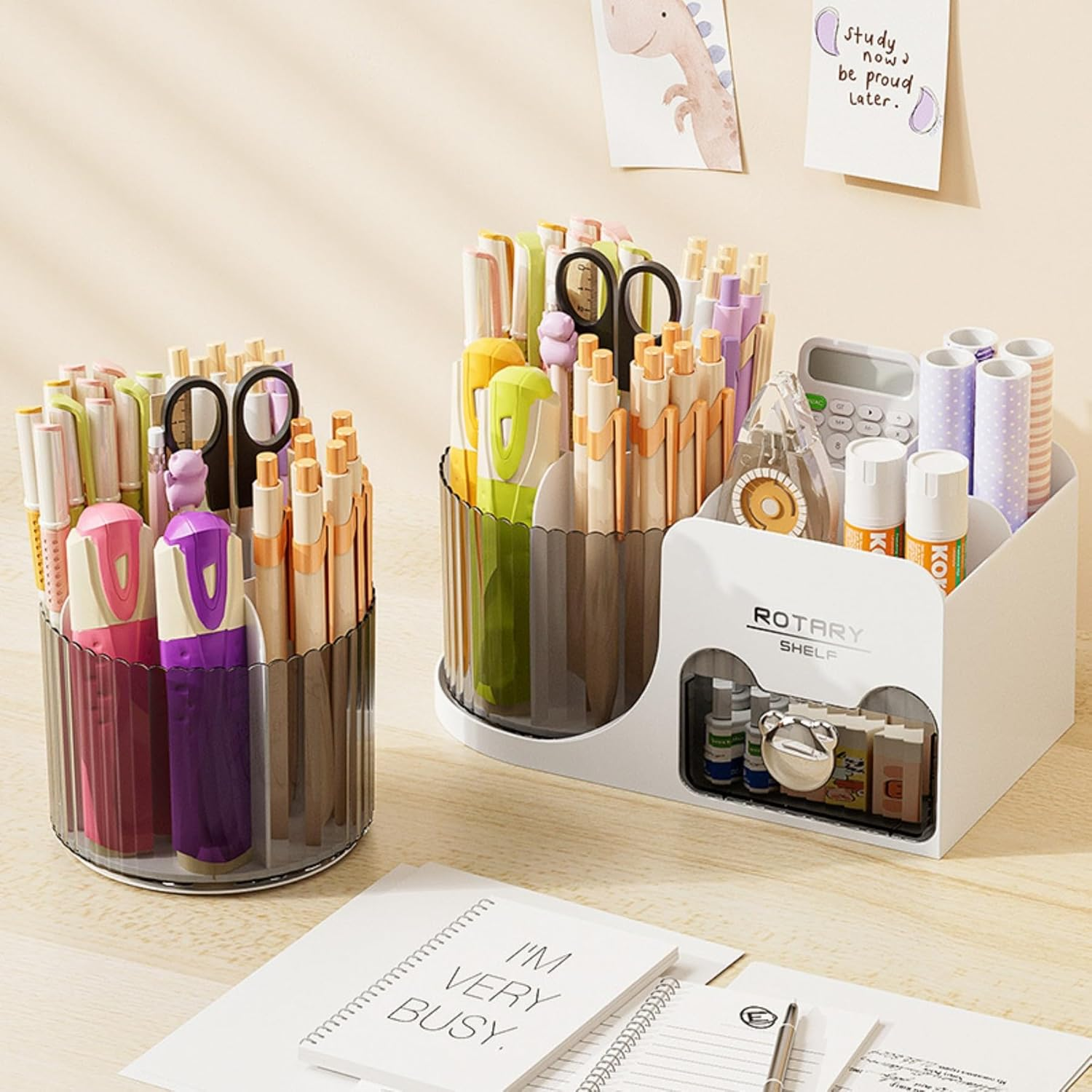 Desk Organizer, 360-Degree Rotating Pen Holder for Desk, Desk Organizers and Accessories with 6 Compartments Pencil Organizer, Art Supply Storage Box Caddy for Office, Home (White)