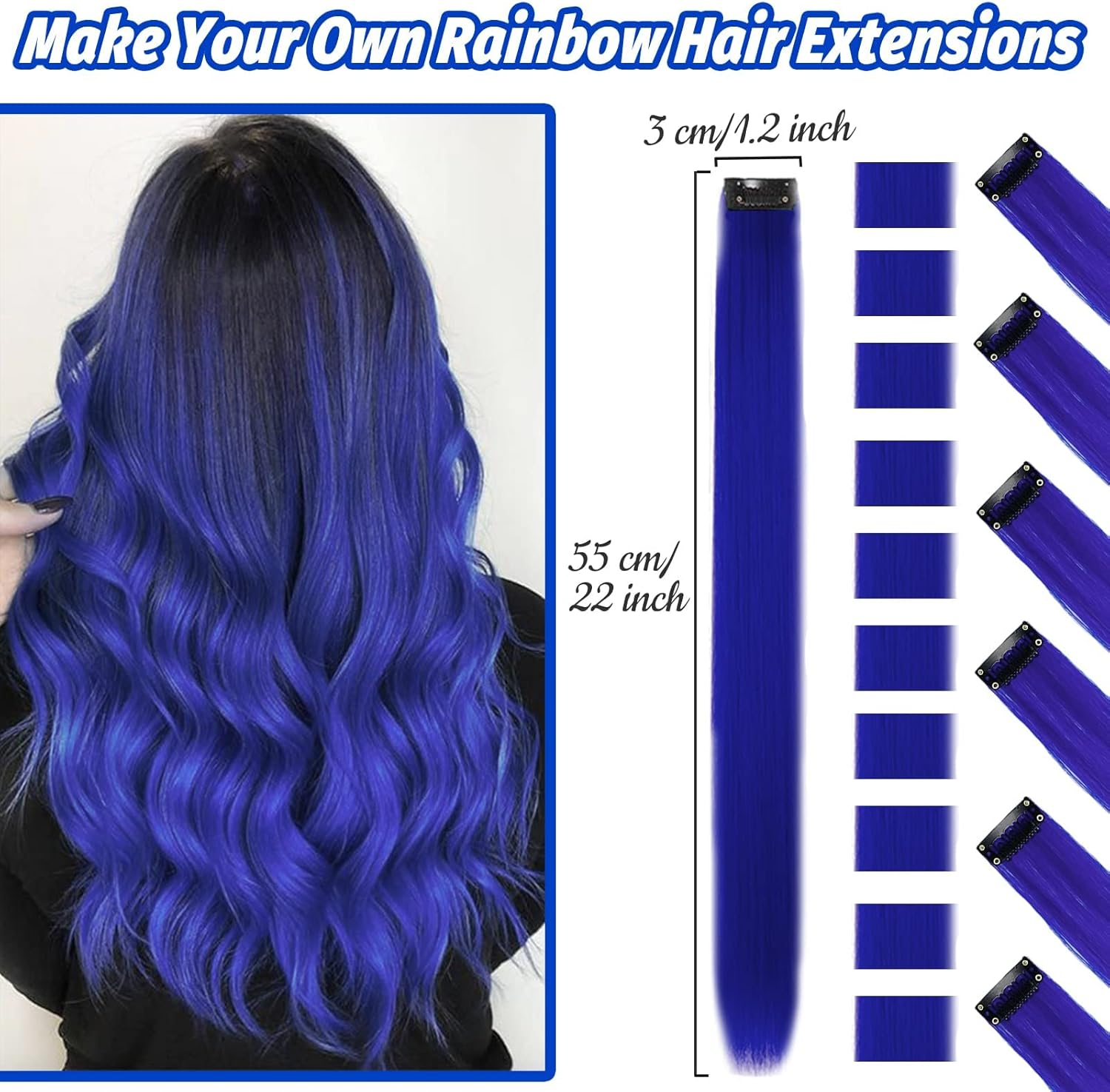 16 Coloured Clip-In Hair Extensions, 22 Inch Colourful Highlights Hairpieces Straight and Long Heat Resistant Synthetic Hair Accessories for Kids Girls Women Party Hair Accessories (16 Pieces-Blue)