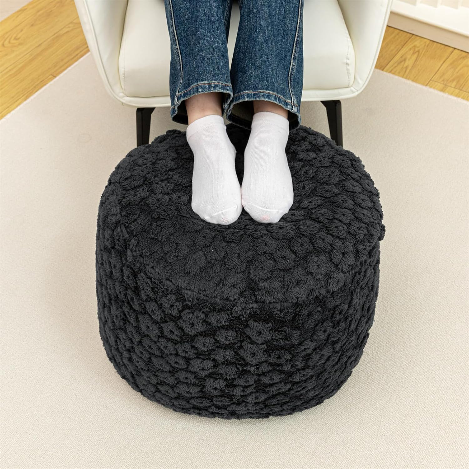 Stuffed Pouf Ottoman Comfy Floral Ottoman Foot Rest for Living Room Bedroom Kids Room Charm Floor Pouf for Home Decor Full Foam Filling Foot Rest for Couch (Dark Gray) - Light Gray image number 2