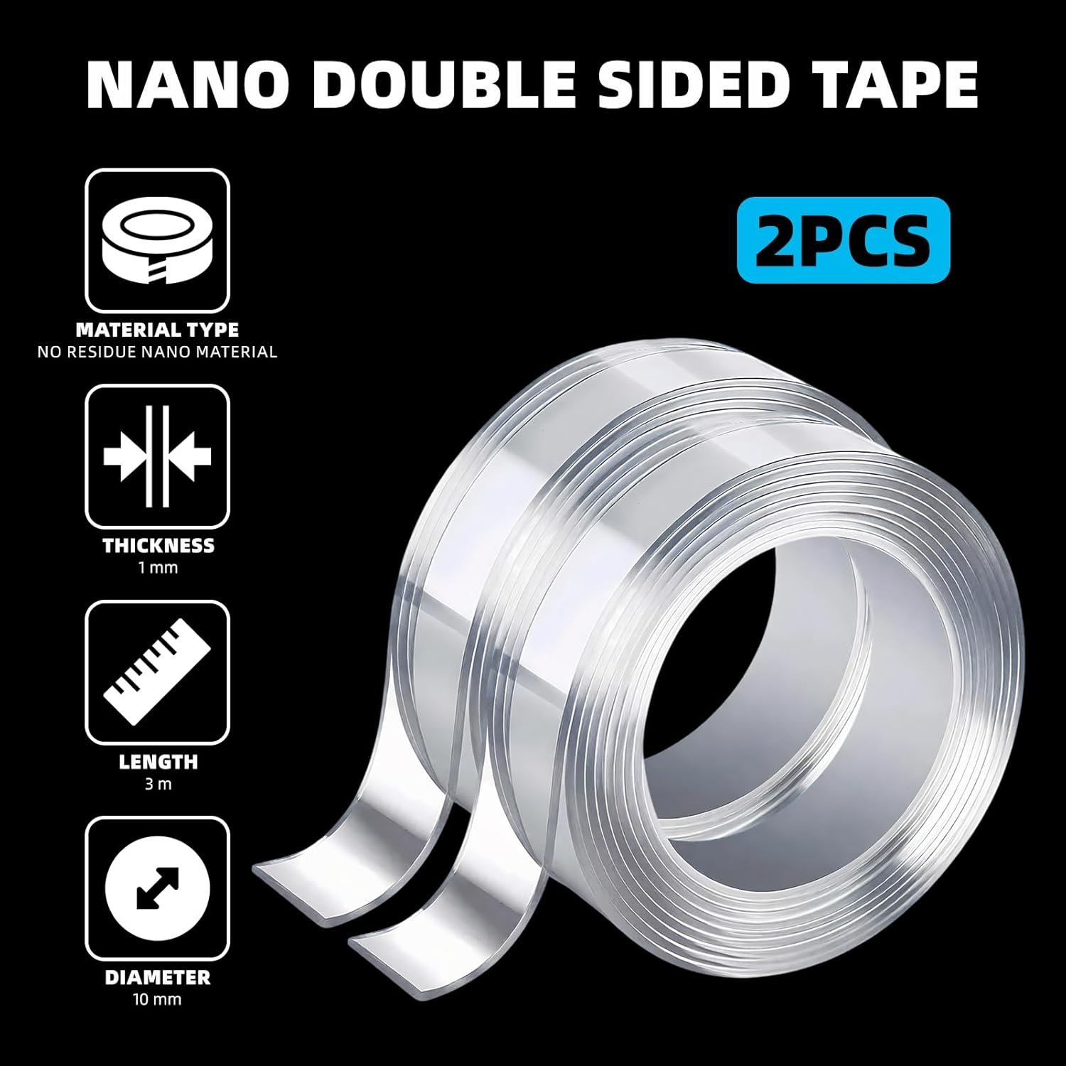 2 Pcs Nano Double Sided Tape for Photo, Mat, Craft, Mounting Tape Washable, 3 Meters