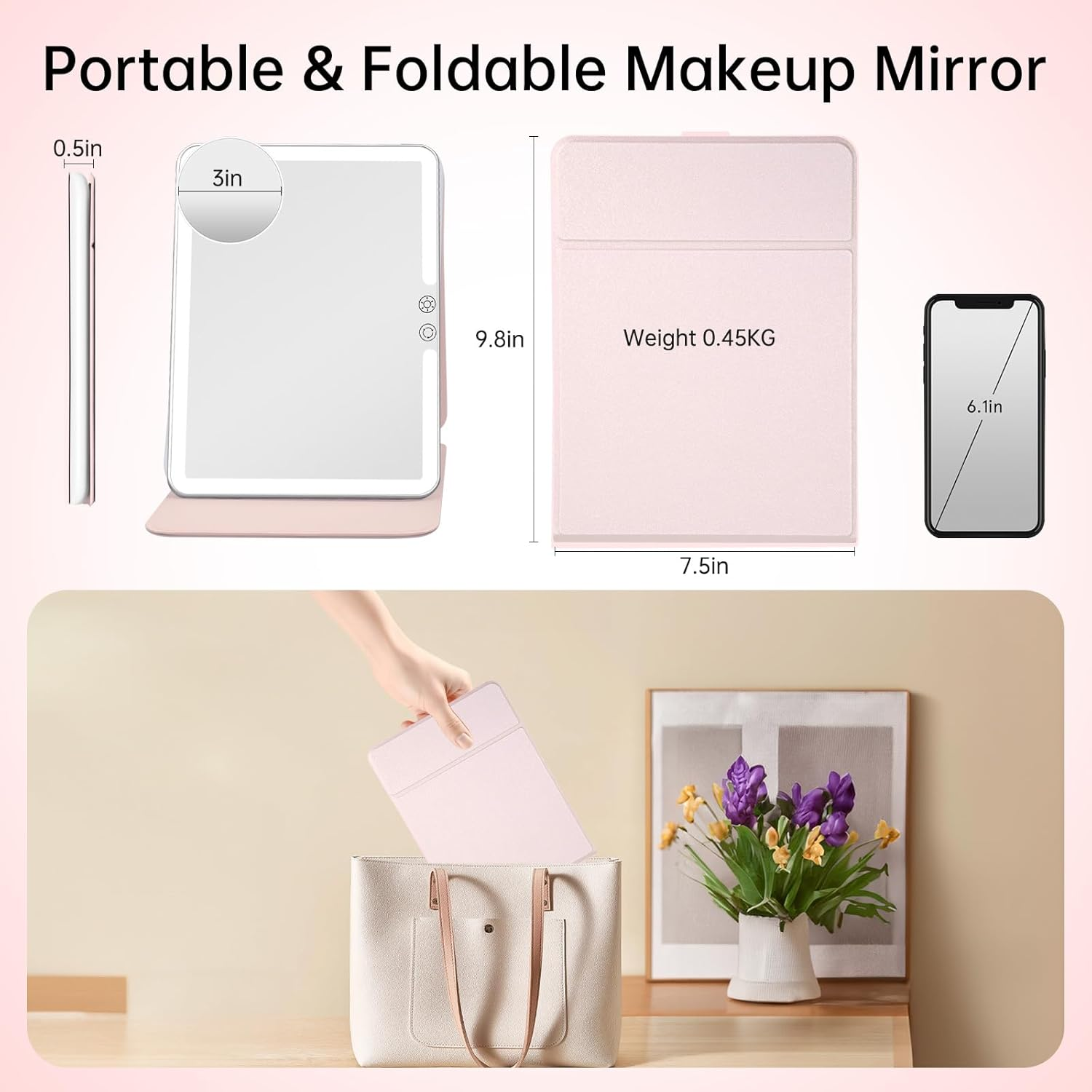 FUNTOUCH 2500Mah Large Rechargeable Travel Makeup Mirror with Lights, Portable Makeup Mirror with 10X Magnifying Mirror 3 Lighting Modes, Tabletop Folding Travel Mirror with PU Leather Cover (Pink) image number 2