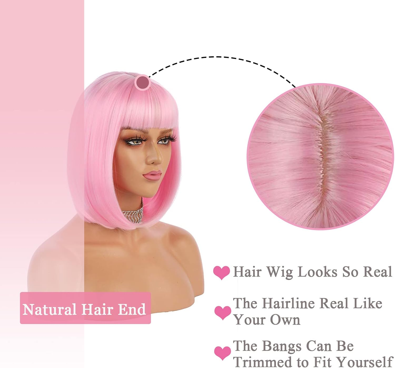 Enilecor Short Bob Hair Wigs 12" Straight with Flat Bangs Synthetic Colorful Cosplay Daily Party Wig for Women Natural as Real Hair+ Free Wig Cap (Light Pink) - Caramel, White image number 3