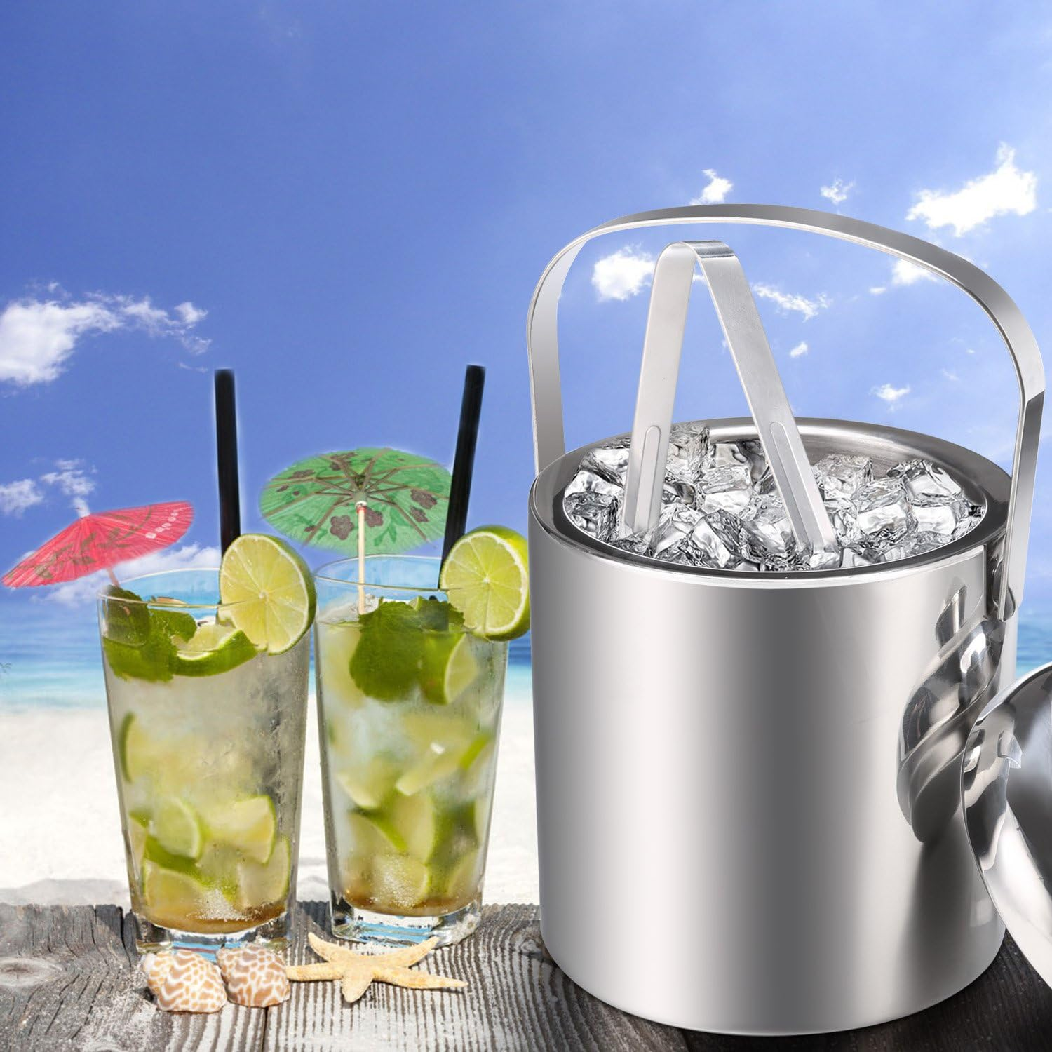 Sailnovo Ice Bucket Ice Bucket Champagne Cooler Ice Cube Container with Tongs and Lid Stainless Steel image number 5