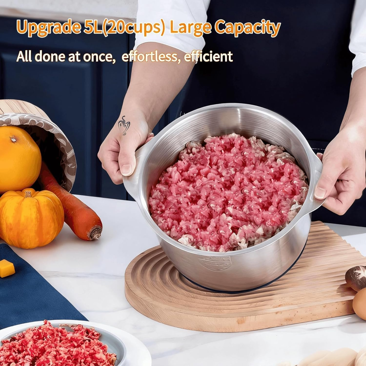 Electric Meat Grinder, Food Processor,5-Speed Electric Food Chopper,Meat Grinder 5L with Two 6-Blade Sets,500W Powerful Vegetable Chopper Used for Dough Mixing,Meat, Nuts, Fruits, Garlic image number 4