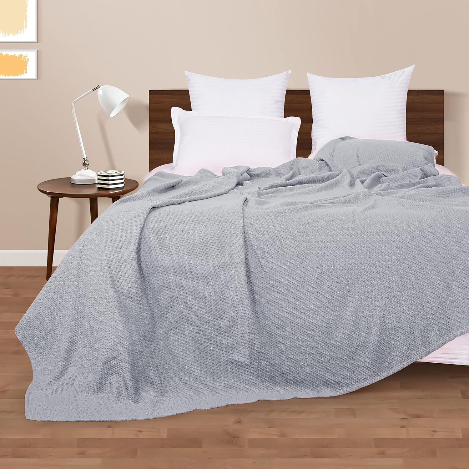 BOUTIQUO 100% Cotton Bed Blanket, Breathable Thermal Blanket King Size, Soft Honeycomb Waffle Blanket 90"X102", Cotton Bed Blanket, Perfect for Layering Any Bed for All Season, Light Grey image number 1