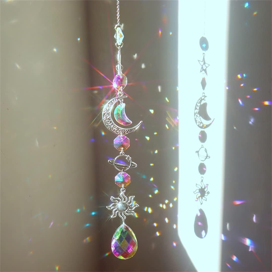 Infantly Bright Colorful Crystal Wind Chime, Moon Sun Light Catcher Diamond Prisms Pendant Dream Rainbow Chaser Maker Hanging Prism Drop Ornament Home Garden Decor Windchime Silver image number 5