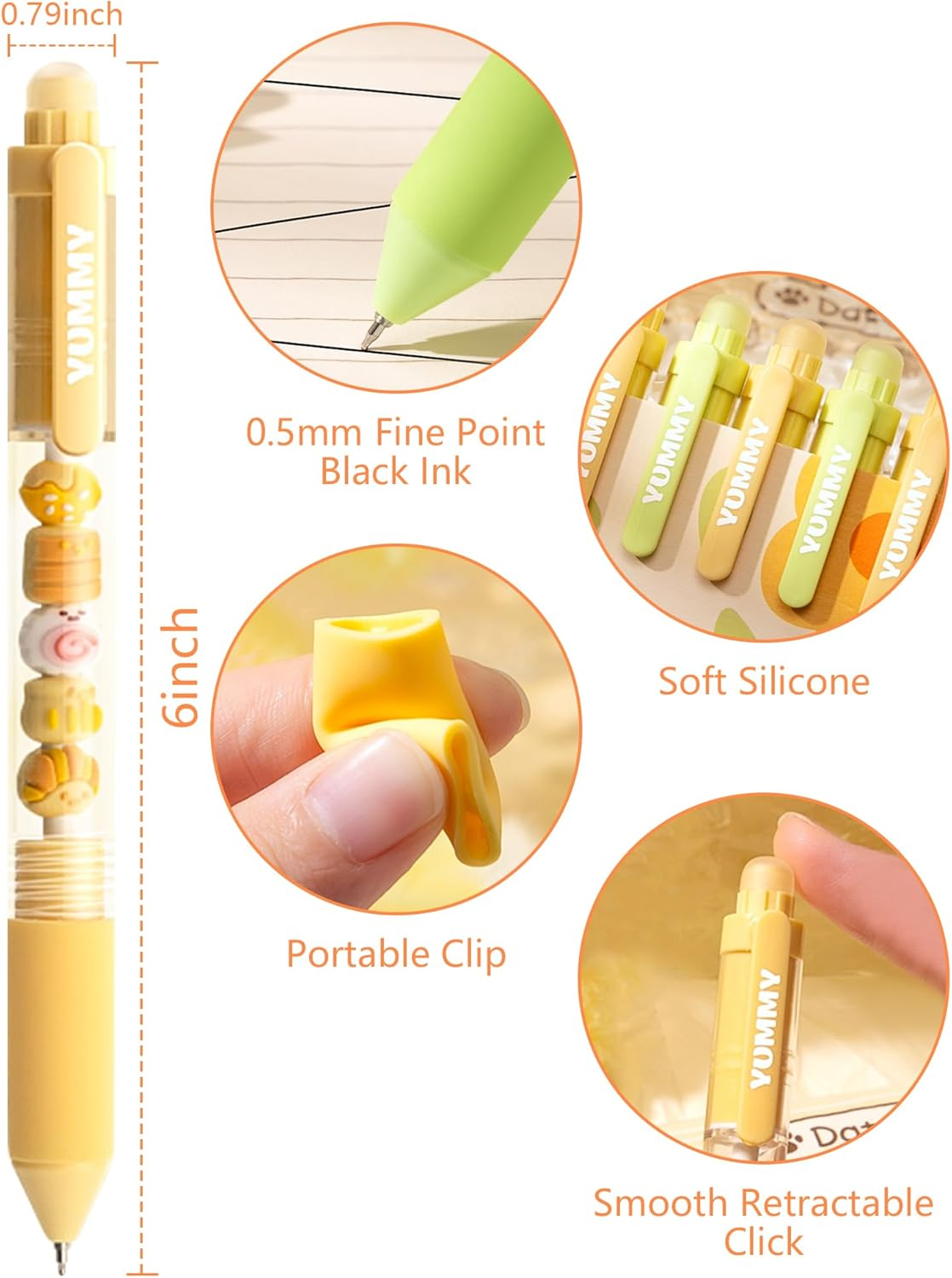 6 Pack Cute Cartoon Gel Pens, 0.5Mm Fine Point Quick Dry Black Ink Smooth Writing Pens, Retractable Ballpoint for Journaling Planner(Funny Animals Fruits Snacks DIY Designs) image number 3