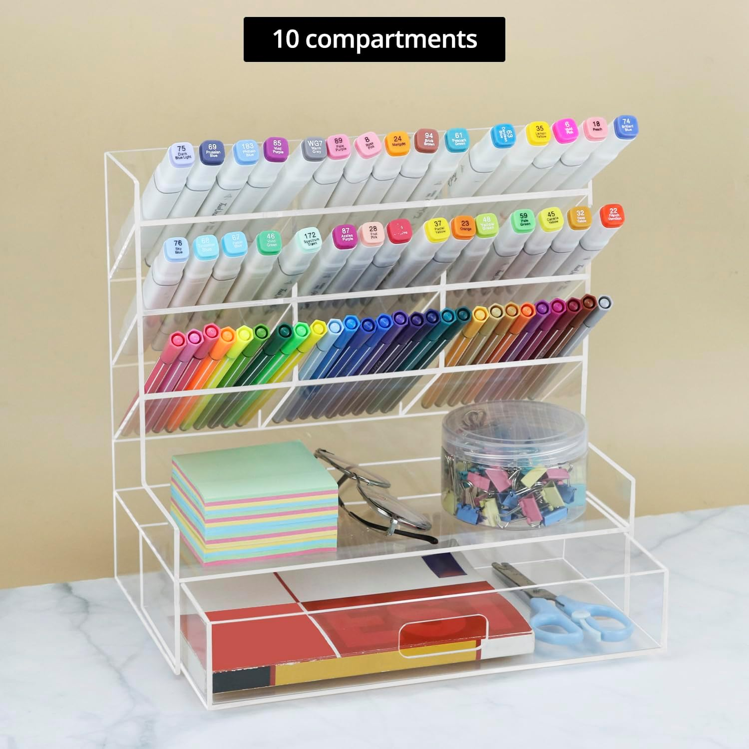 QWORK Acrylic Desk Organizers and Accessories &ndash; Multi-Compartment Storage with Drawer for Office, School, and Home, Clear Pencil Organizer and Pen Holder image number 4