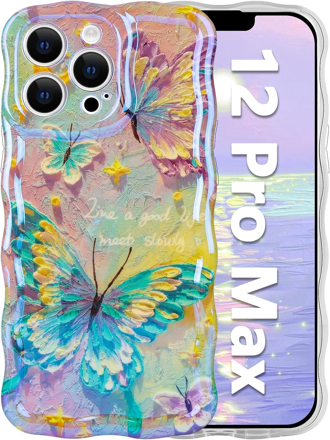 Tcaraersing for Iphone 14 Pro 6.1" Girly Case, Glossy Colorful Retro Oil Painting with Cherry Pattern, Cute Curly Wave Frame Exquisite Soft TPU Mobile Cover for Girls Women