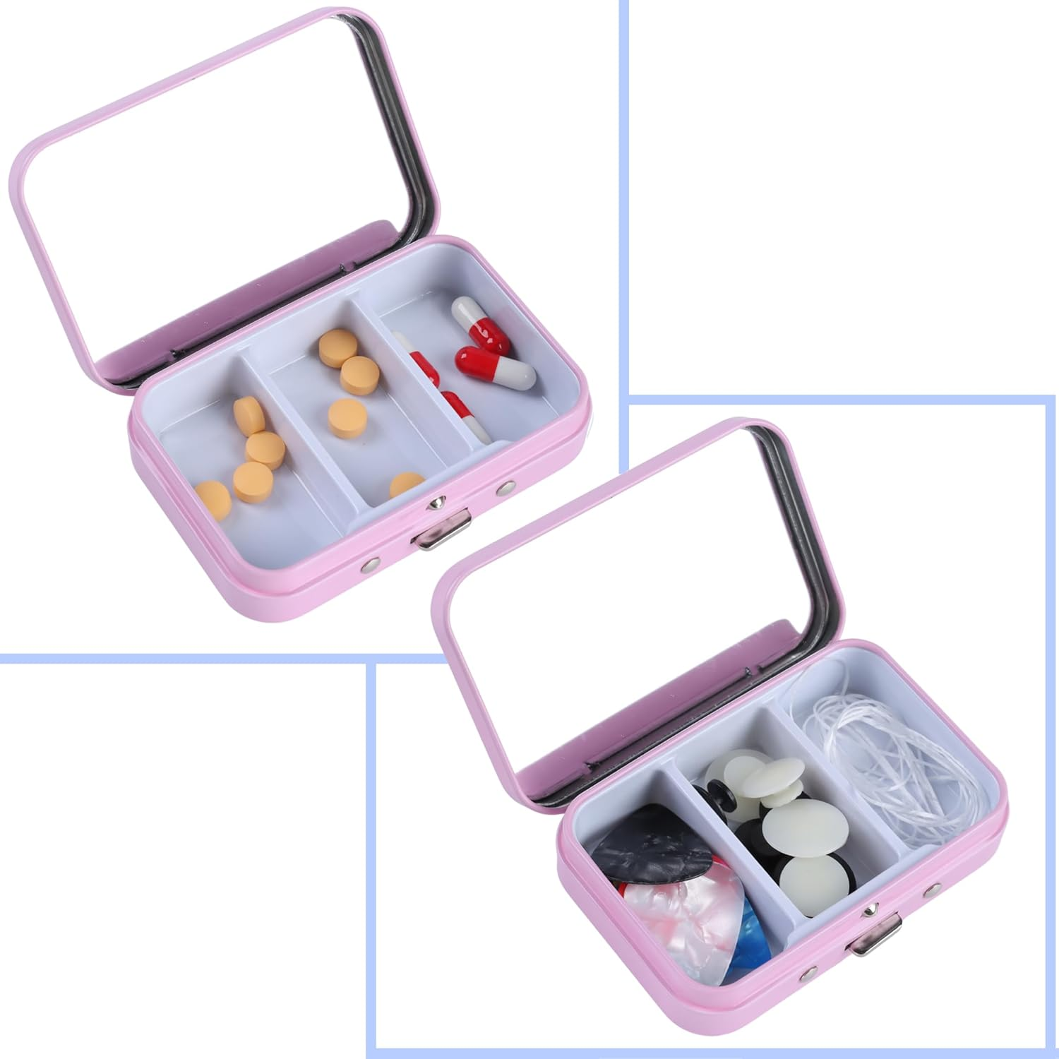 2Pcs 3 Compartments Pill Case with Mirror, Portable Metal Medicine Pill Organizer Small Pill Box Vitamin Pill Holder for Pocket, Purse, Travel (Pink) image number 3