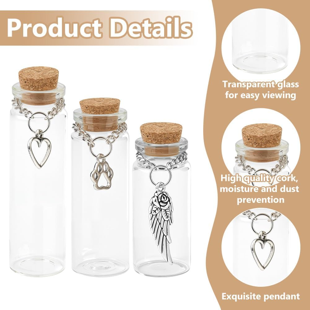 WEBEEDY 6 Pcs Pet Memorial Glass Bottles for Ashes Hair, 3 Sizes Small Glass Vial with Paw, Wing, or Heart Pendant for Dog or Cat Urns Teeth Keepsake Pet Loss Remembrance Sympathy Gift, 5/6/7Cm image number 4