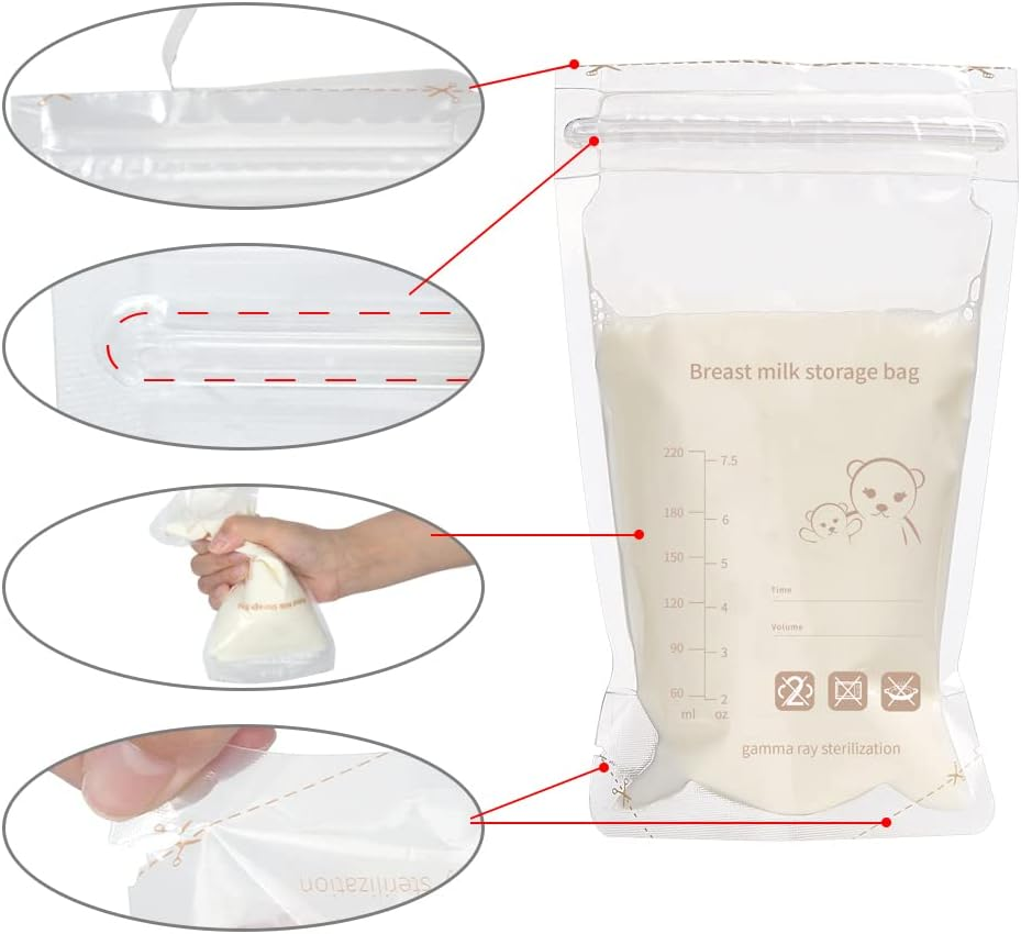 60 Count Breast Milk Storage Bags-220Ml Ready to Use Breast Milk Bags for Breastfeeding, Self Standing Bag-Space Saving Flat Profile Design for Breast Milk Storage Bag BPA Free image number 3