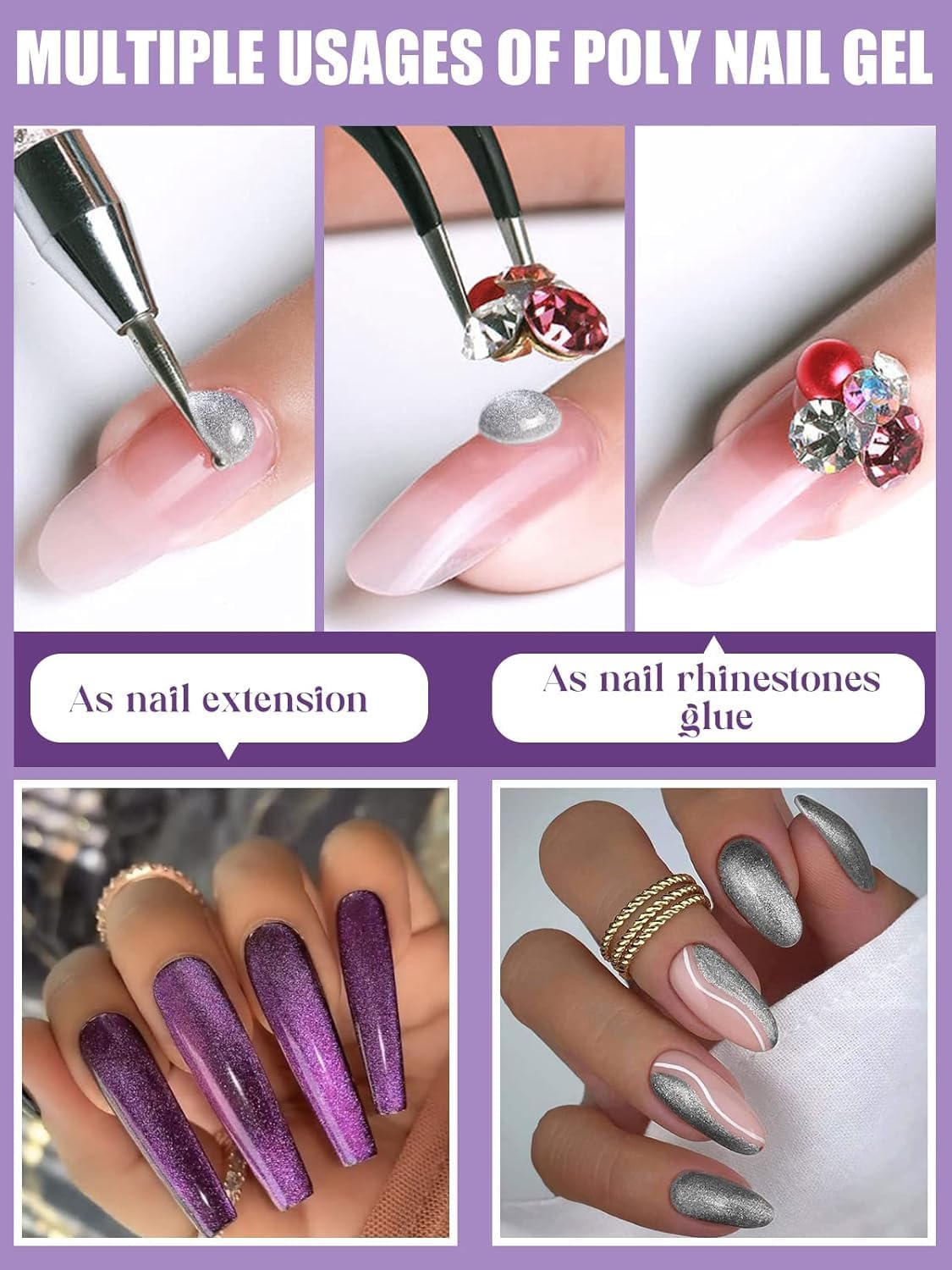 EBANKU 6 Color Poly Nails Extension Cat Eye Glitter Poly Gel Nail Kit - Purple, Silver, DIY Salon at Home - Nudeclear Kit image number 3
