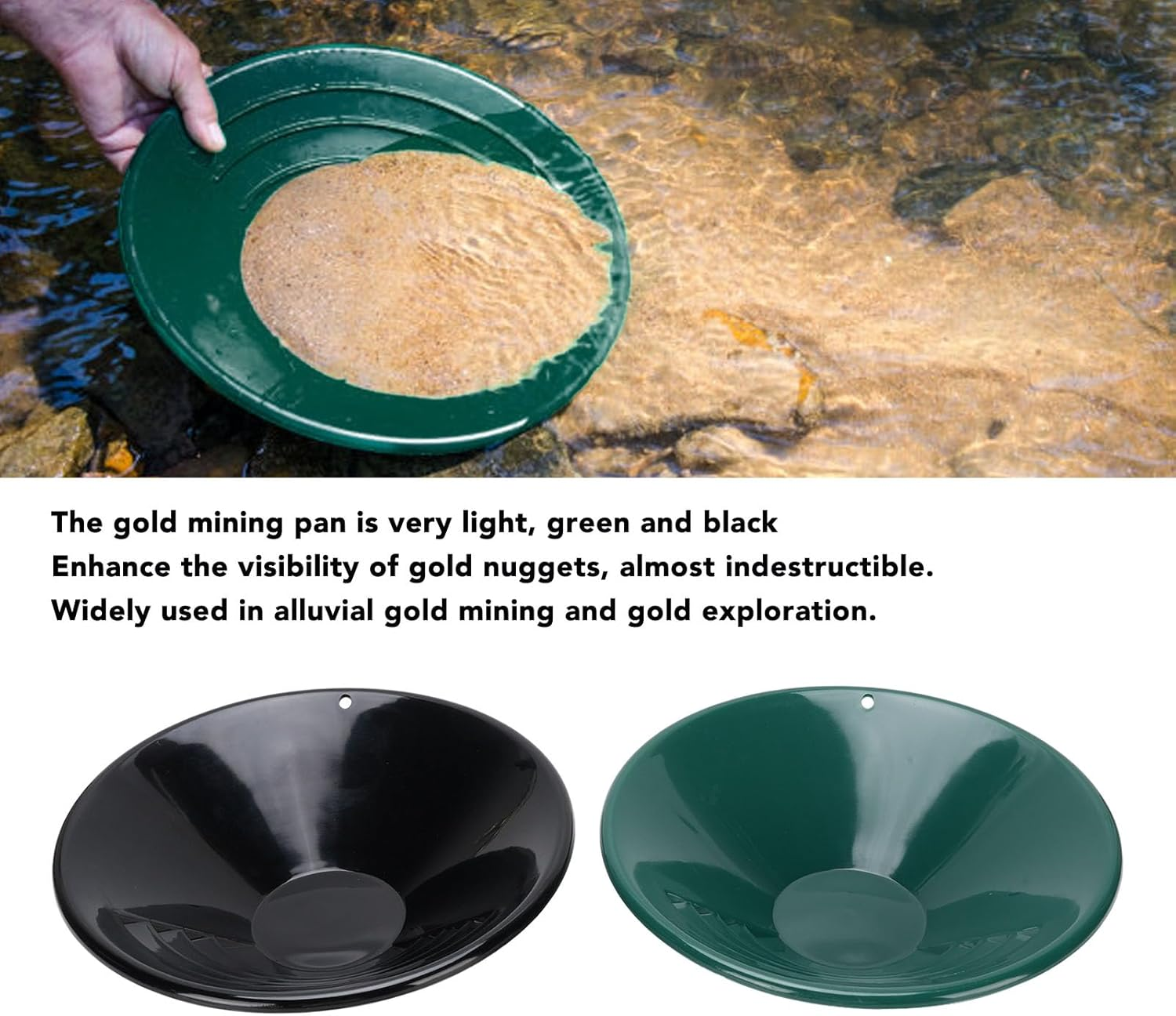 Gold Panning Kit, Gold Panning Kits 2Pcs 26.5Cm Gold Pan ABS 90&deg; Thread Gold Washing Pan Set for Beginners Black Green for Adults and Kids, Gold Prospecting Tools image number 2