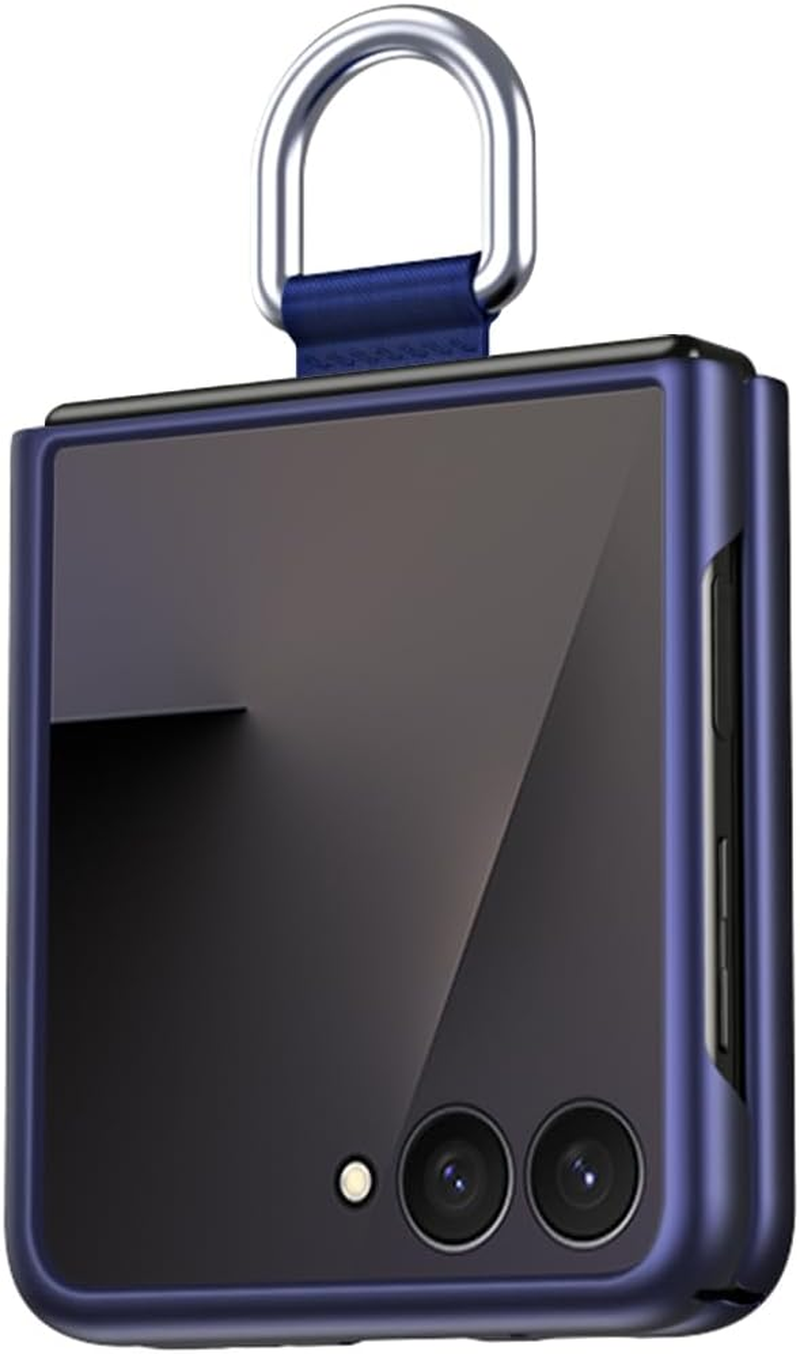 Coque Case for Samsung Z Flip 7 Mobile Phone Protective Case, Slim Silk Band Lanyard Ring Mobile Phone Case with Ring Video Stand, Foldable Mobile Phone Case for Samsung Galaxy Z Flip 7 5G Blue