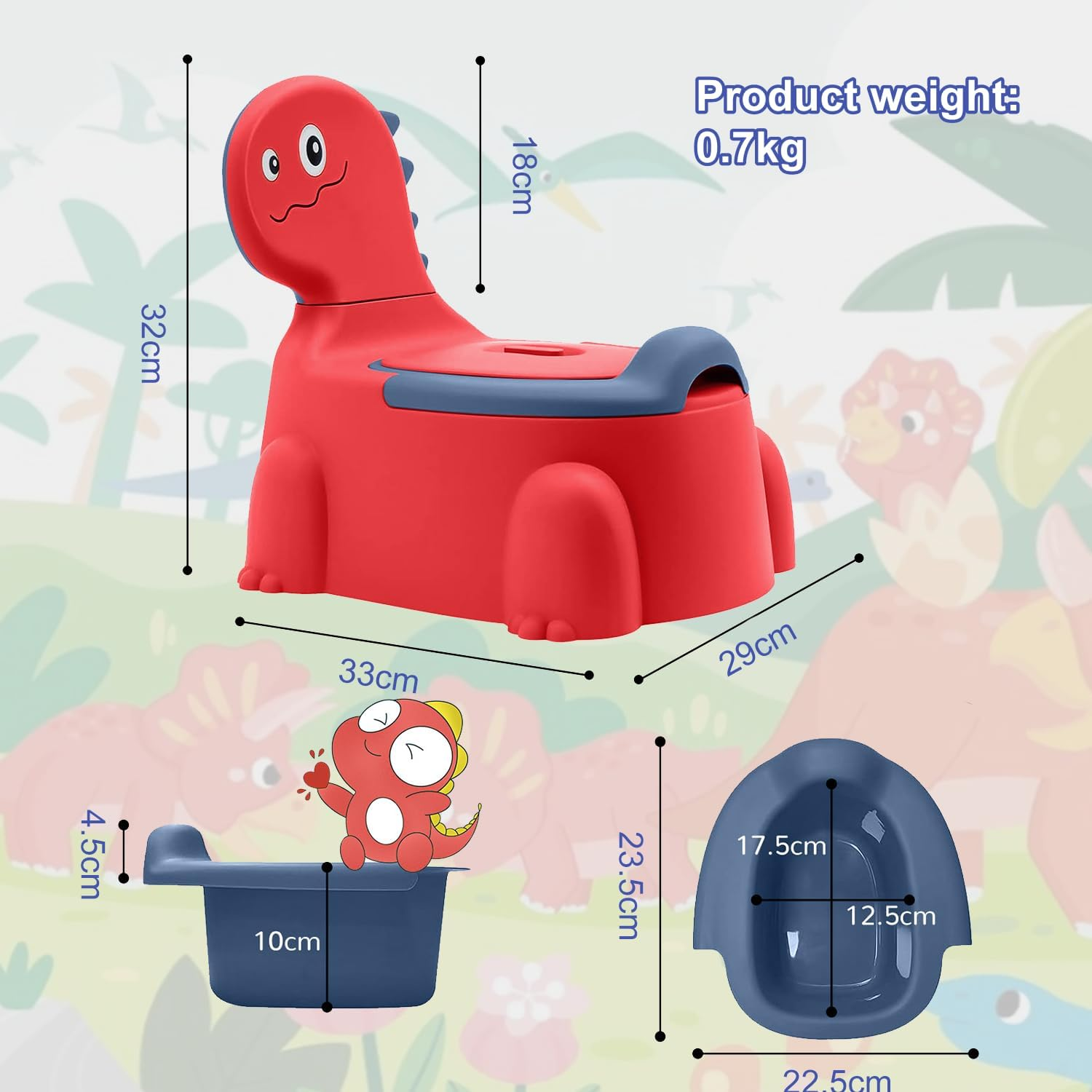 Dinosaur Potty Training Seat - Comfortable Toddler Potty Toilet Seat with Non-Slip Mat, Backrest & Soft Lid, Portable Potty Training Chair for Boys & Girls 1-6 Years, Safe Toddler Potty Chair (Red)