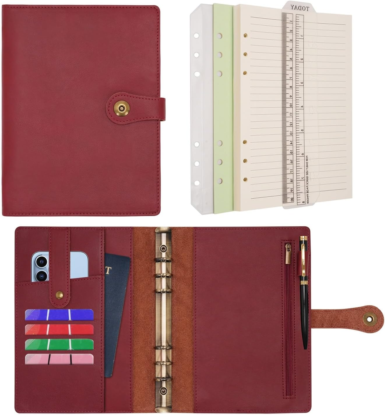 Wonderpool A5 Binder Journal Leather Spiral Notebook Refillable College Ruled Paper, Budget Binder Rings Diary Organizer with Pen for Office School Travel Business Planning Writing (Wine Red,A5) image number 2