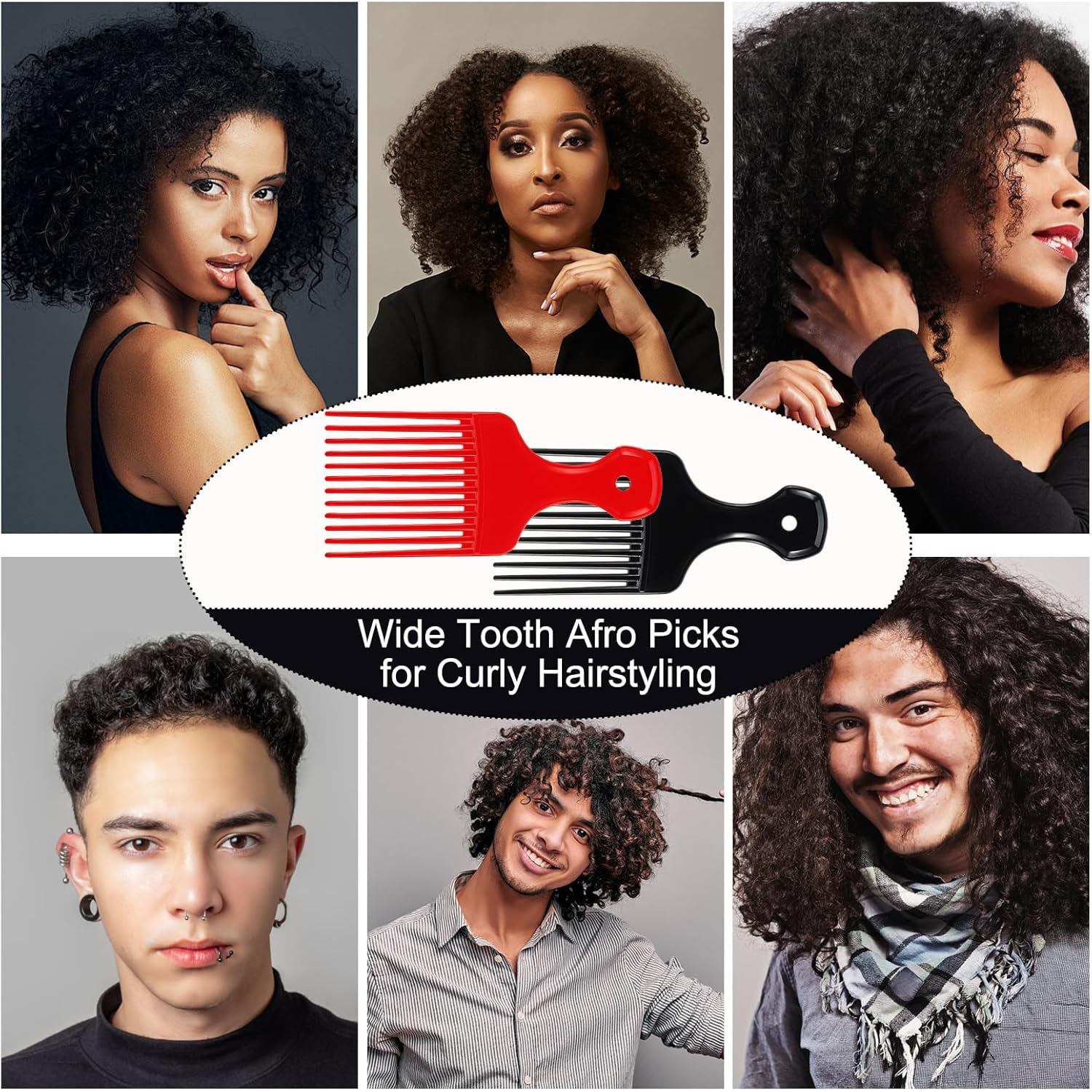 2 Pcs Hair Pick Comb Wide Tooth Lift for Hair Styling Detangling Plastic Afro Comb for Women Men (Black, Red) image number 1