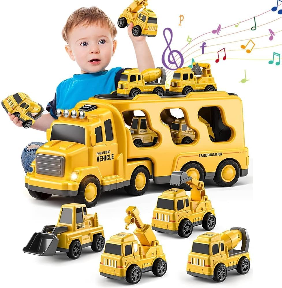 Construction Toddler Truck Toys for 3 4 5 6 Year Old Boys 5-In-1 Friction Power Vehicle Car Toy for Toddlers 1-3, Carrier Truck Toys for Kids 3-5 image number 1