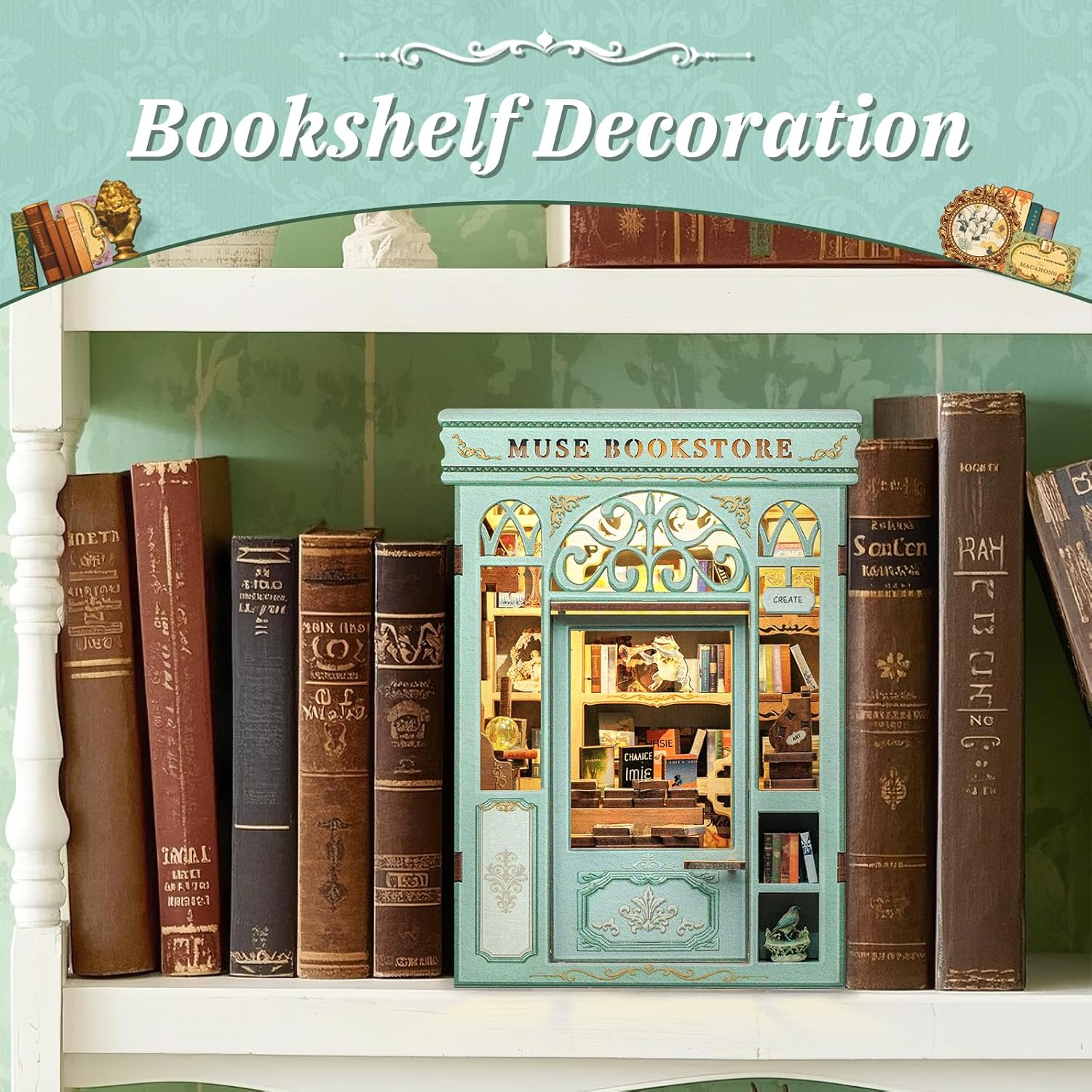 CUTEBEE Book Nook Kit - DIY Miniature Dollhouse Kit for Adults and Teens, Tiny House Bookshelf Decor 3D Wooden Puzzle for Family, Friends (Muse Bookstore) image number 5
