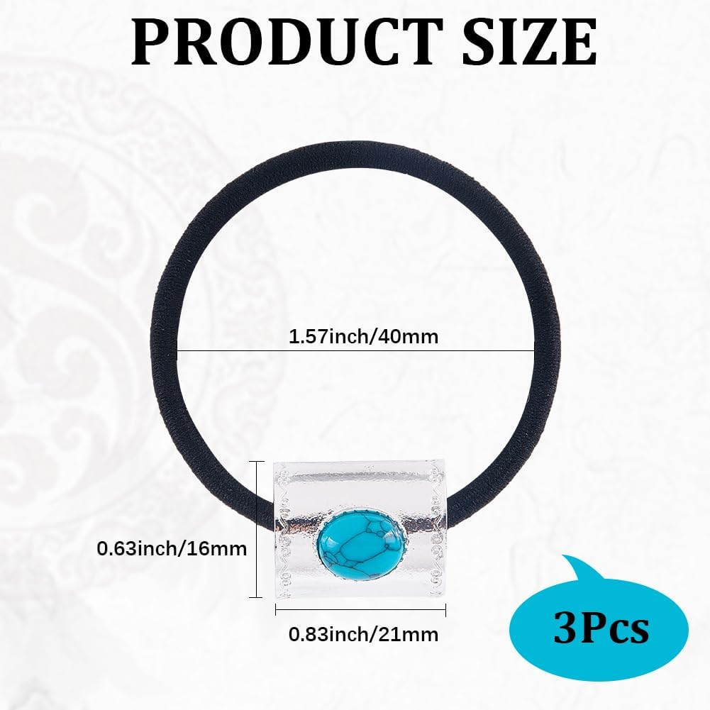 CABODYALS Pack of 3 Boho Western Style Decorative Ponytail Holders Made of Metal Vintage Turquoise Hair Bobbles Bracelet Cowgirl Hair Bands Rope with Box for Women Outfit Dress Party Accessories image number 3