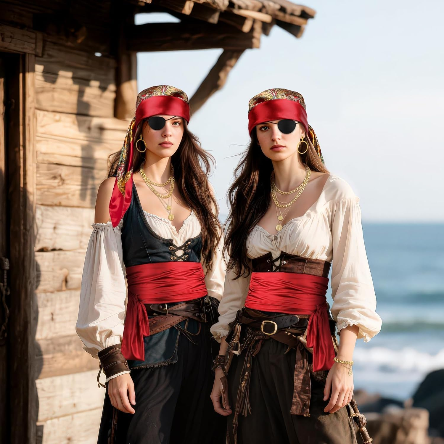 Pirate Costume Accessories Set for Women Men Captain Pirate Hat, Bandana Head Scarf, Sash, Belt, Dress Accessories image number 2