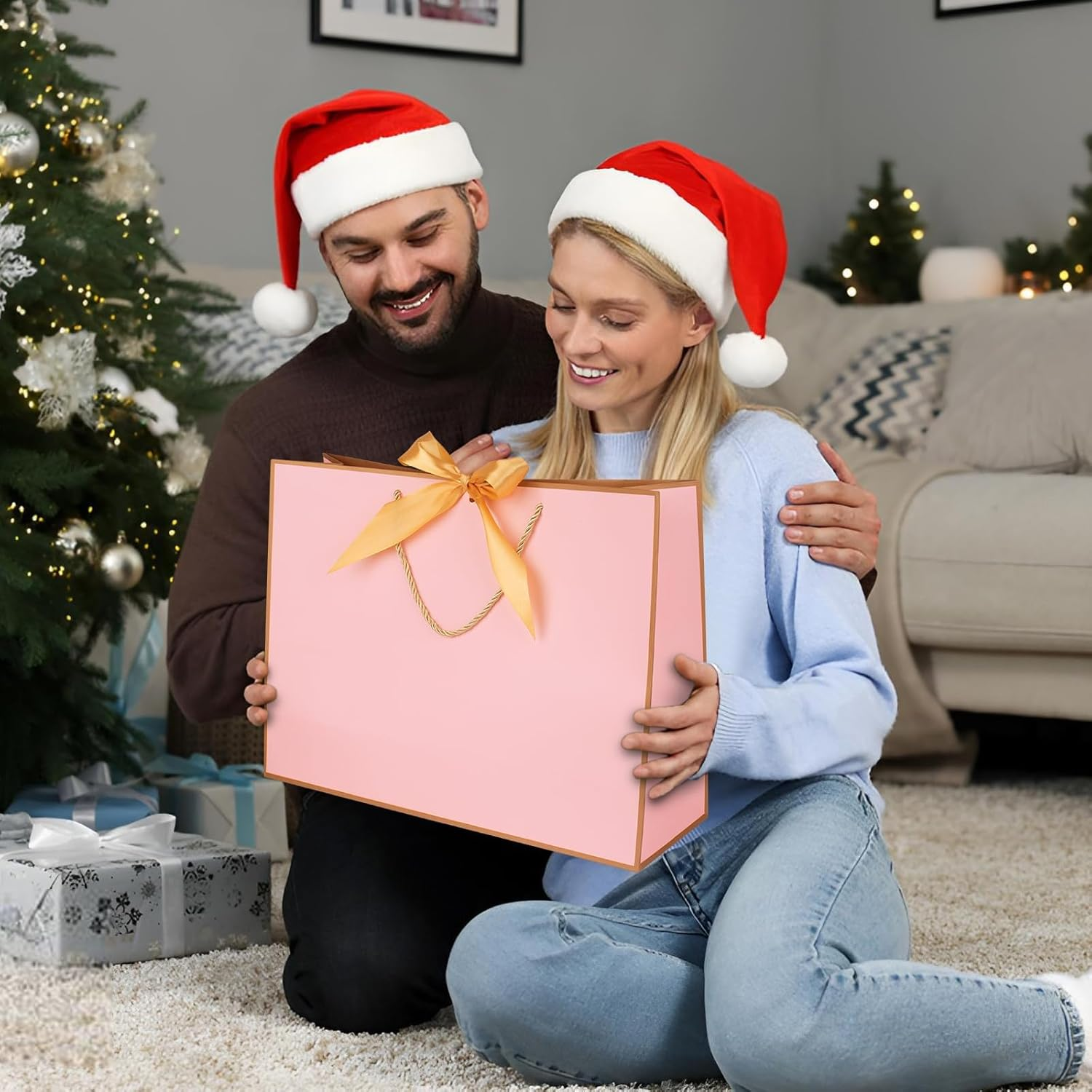 Oundarm 3 Pack 43 X 32 X 14CM Extra Large Bow Pink Gold Gift Bags with Greeting Cards＆Tissue Paper, Large Gift Bags for Presents with Handles for Mothers Day Valentines Day Bridesmaid Wedding Birthday image number 6