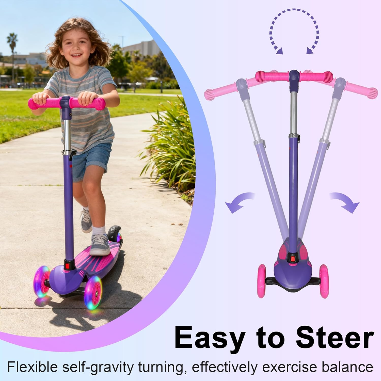 Kids Scooters for Boys Girls, 3 Wheel Kick Scooter with Light up LED Wheels, 3 Adjustable Height,R Ear Brake,Lean to Steer, Detachable ＆ Portable Lightweight Scooter for Children Ages 3-12 - Blue image number 6