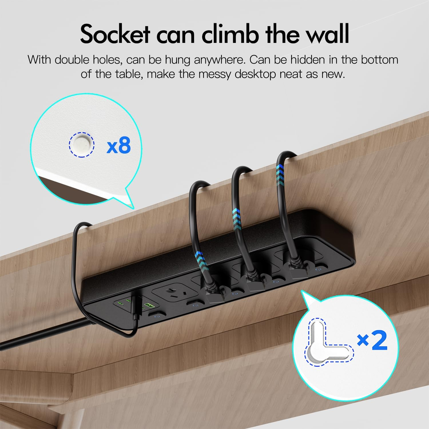 Power Board 3250W with Individual Switch,10-In-1 Power Strip with 4 AC Outlets, 6USB Ports(4 USB C) Surge Protector Powerboard, 2.9M Extension Cord Power Strip,Wall Mount for Home Office (Black) - Black image number 4