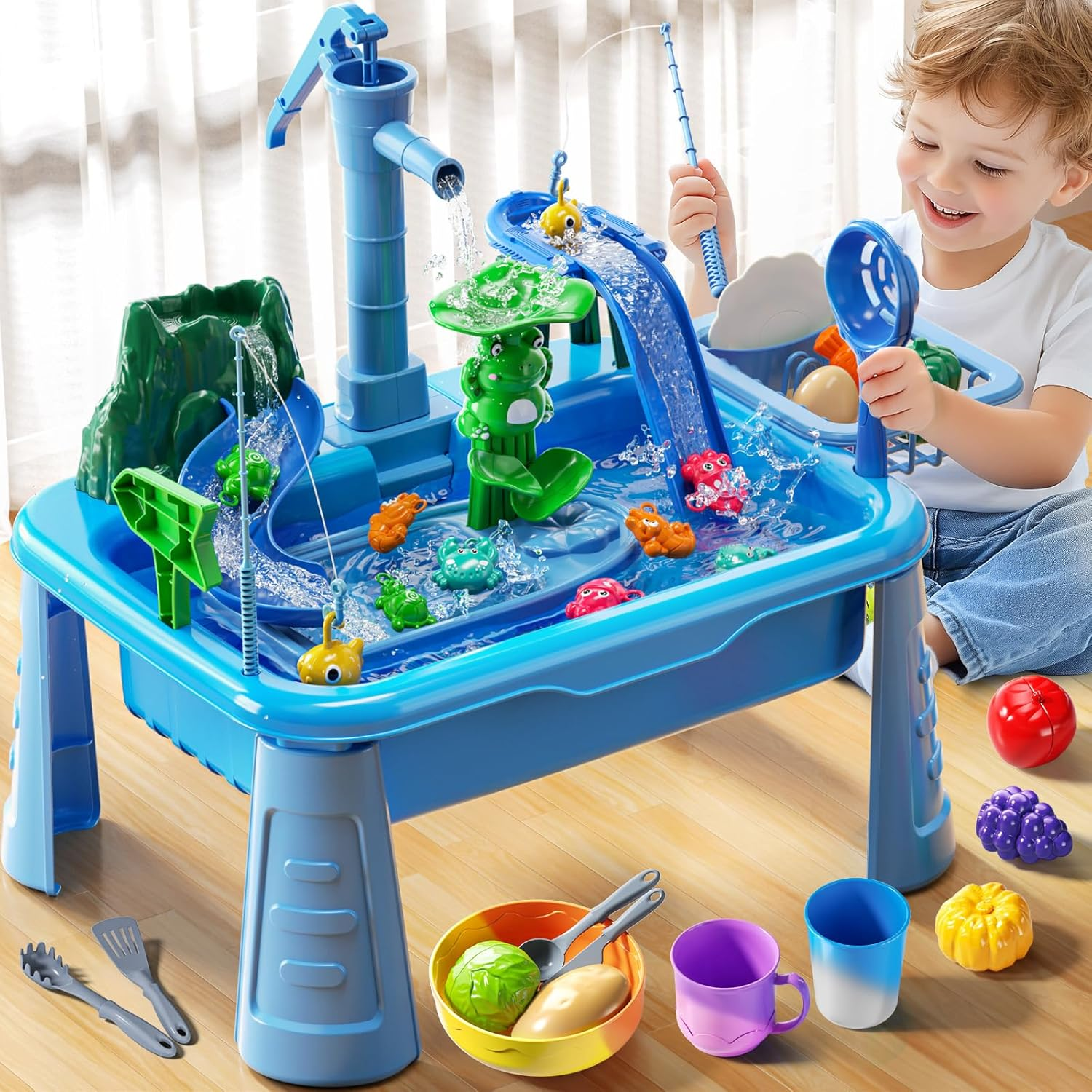 JUKUDAHU 4-In-1 Kids Kitchen Sink Toy for Toddlers 2 3 4 5 6 Years Old - Play Sink with Running Water, Water Table with Detachable Legs, Fishing Game, Pretend Play Dishwasher Gifts for Boy Girl(Blue) image number 1