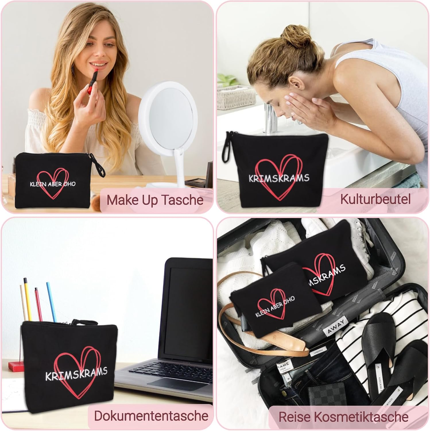 Pack of 2 Small Cosmetic Bag for Women/Girls, Toiletry Bag for Women, Black Krimskrams Make-Up Bag for Women, Girlfriend, Mum, Make up Bag with Saying, Travel Purse image number 1