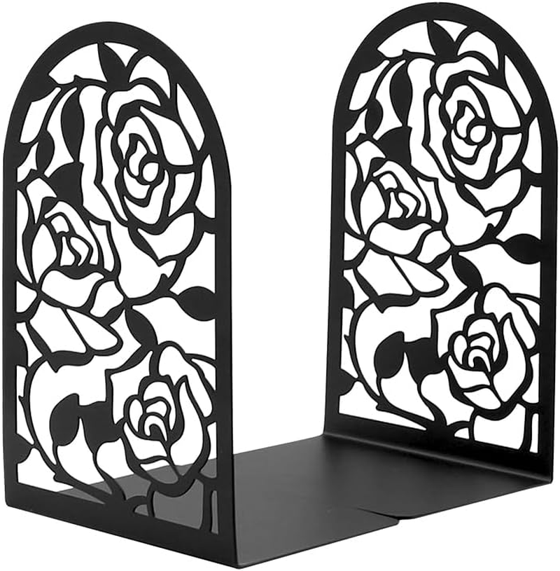 Elegant Rose Bookends Hollow-Out Rose Flower Book Ends Shelves Organizer Metal Book Stands Journal Book Holder Reading Room Decorative Bookends Library Book Stoppers for Office Home School (Black)