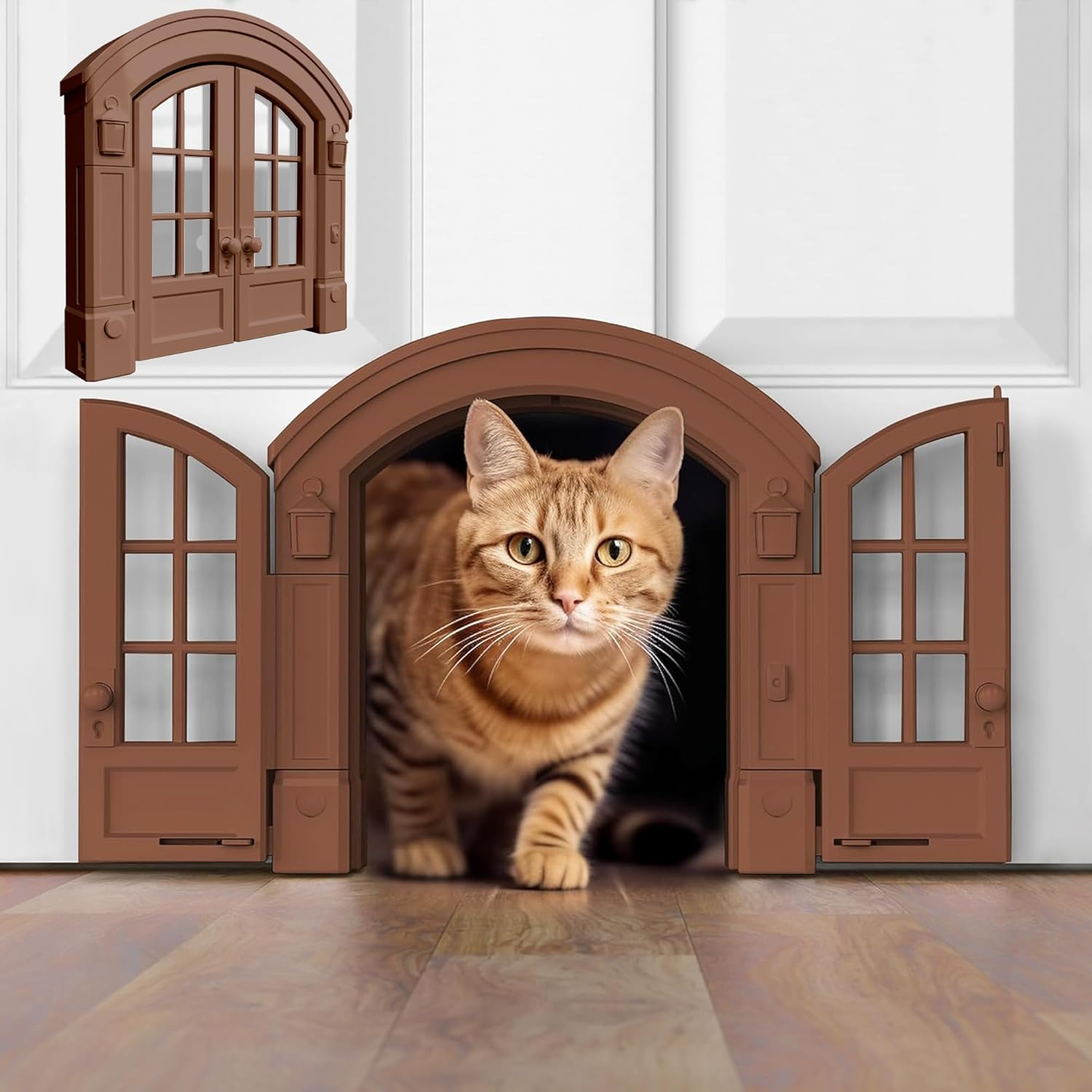 Purrfect Portal French Cat Door - Stylish No-Flap Cat Door Interior Door for Average-Sized Cats up to 20 Lbs, Easy DIY Setup, Secured Installation in Minutes, No Training Needed, 7.13 X 8.32&rdquo;