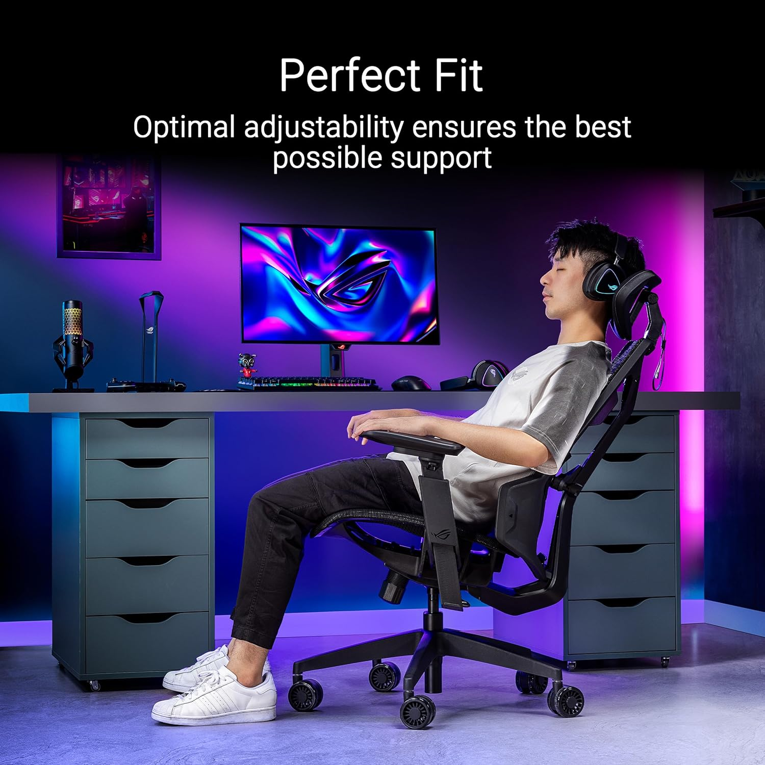 ASUS ROG Destrier Core Ergo Gaming Chair with Futuristic Cyborg Aesthetic, Versatile Seat Adjustments, Mobile Gaming Arm Support Mode, and Crafted from Durable Polyamide Nylon and Breathable Mesh image number 4