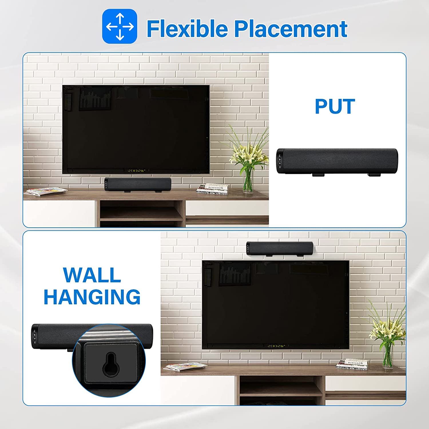 Mini Sound Bar for TV, 16 Inch Bluetooth Speakers, 50W Home Audio Speaker with Bass & Surround Sound with Subwoofer PC Desktop Soundbar and Speaker Bar with Aux/Hdmi/Optical/Usb-Wall Mountable-3Eqs image number 4