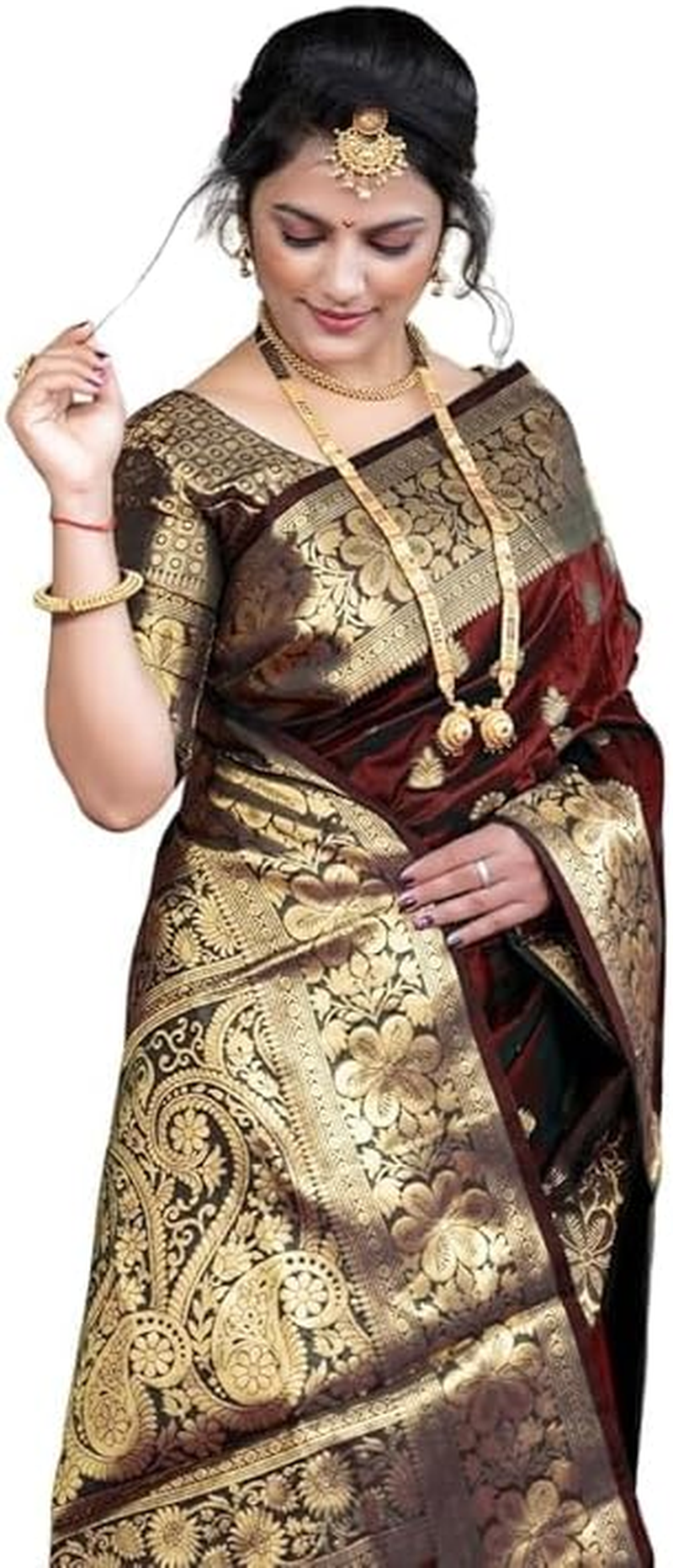 C J Enterprise Women Pure Banarasi Silk Kanjivaram Style Blouse Wedding Saree (Vruksh) image number 4