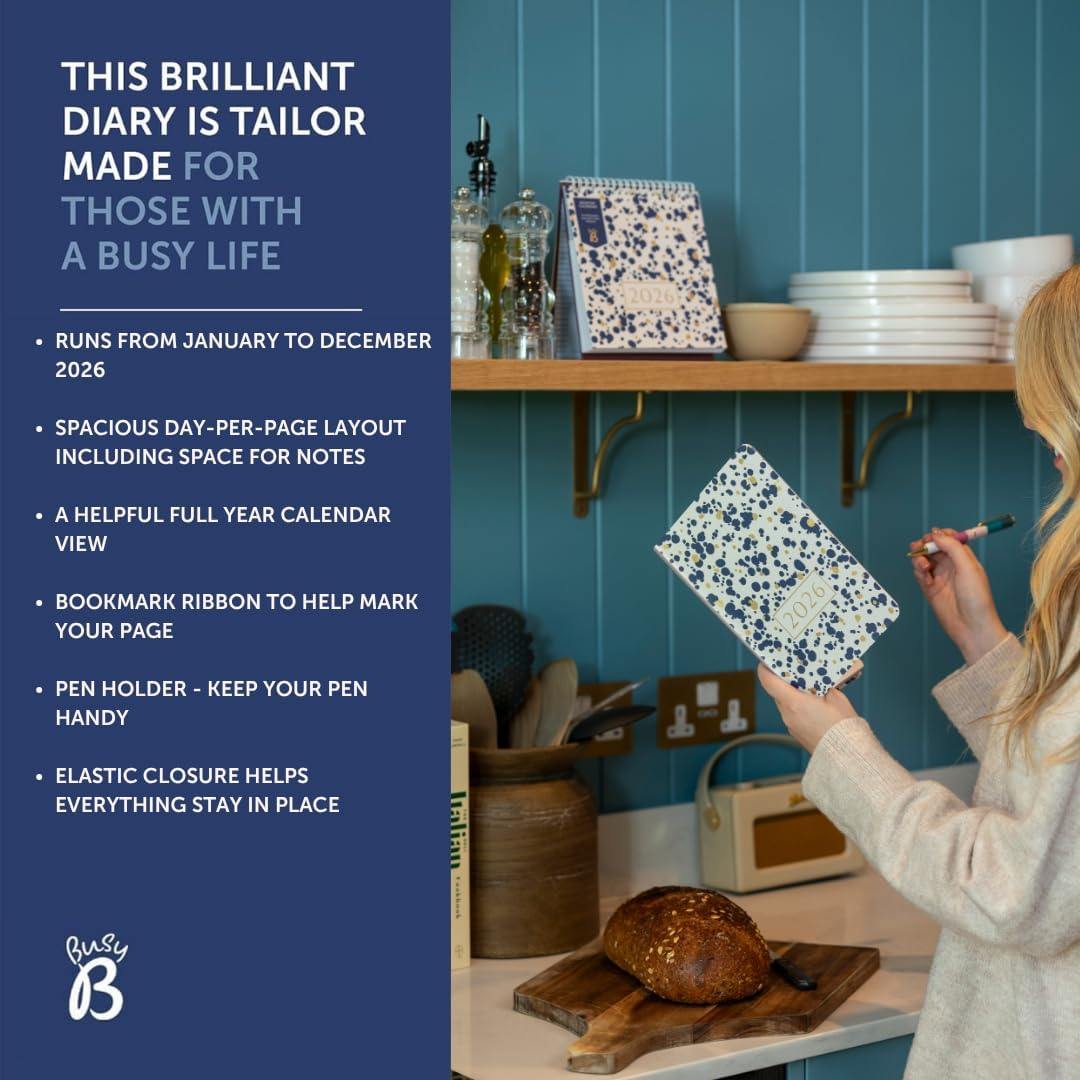 Busy B 2026 A5 Diary Day-A-Page Planner for Students, Professionals & Teachers - Navy Spray Print with Gold Foil, Jan - Dec, Elastic Closure & Ribbon Marker - Organizer for Desk or Handbag - Fuchsia image number 7