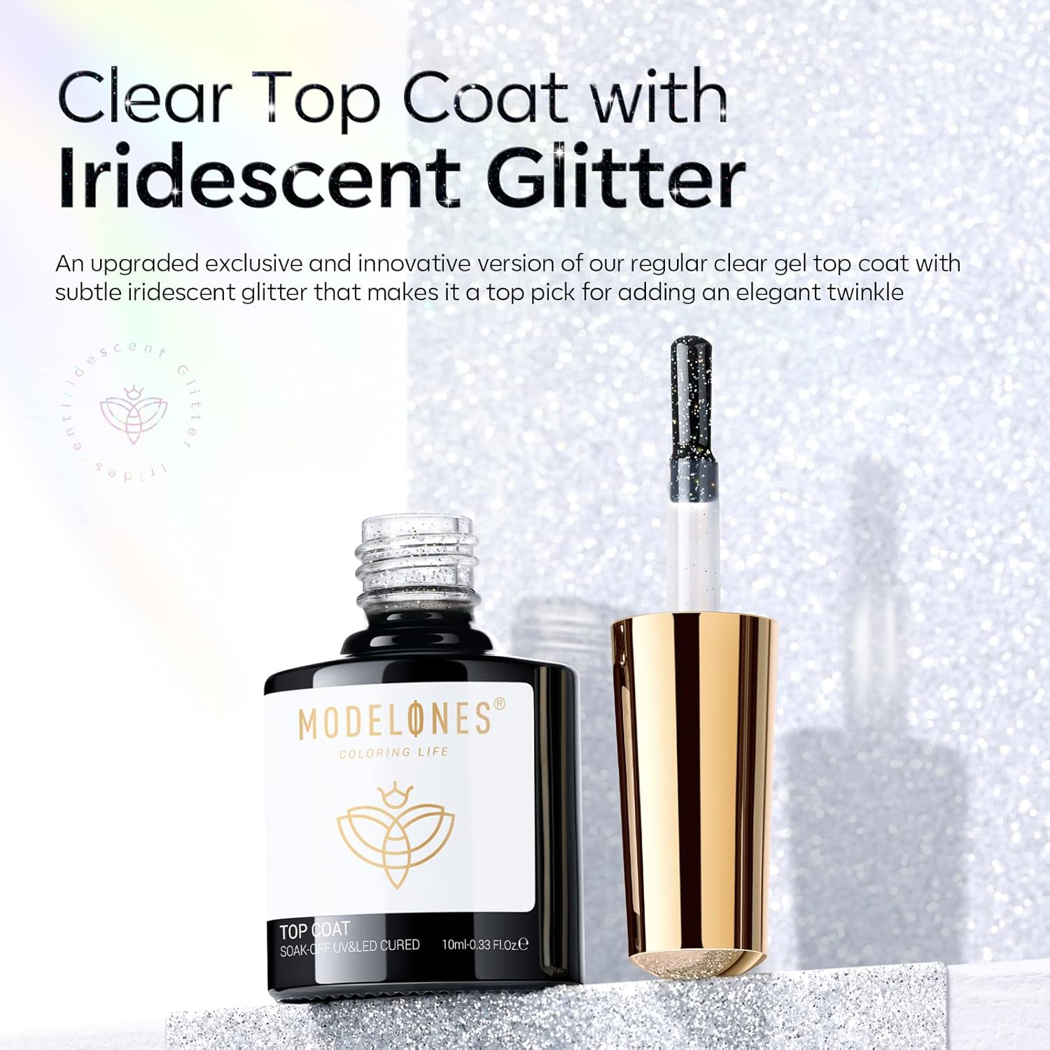 Modelones Glitter Gel Top Coat, Iridescent Silver Mix Glitter Gel Polish No Wipe Top Coat Glossy Sparkly Finish Long Lasting Soak off Rainbow Shimmer Glitter Gel Nail Polish Nail Art Manicure, 10Ml image number 3