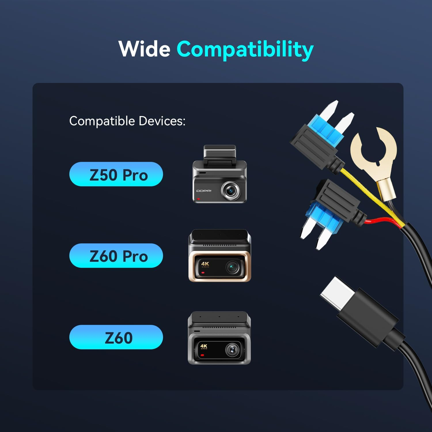 DDPAI Dash Cam Hardwire Kit, Compatible with Z60, Z60 Pro and Z60 &Pi;link Models, Enabling 24 Hours Parking Monitor, 12V/2A to 5V/3A, 3 Meters Long image number 3